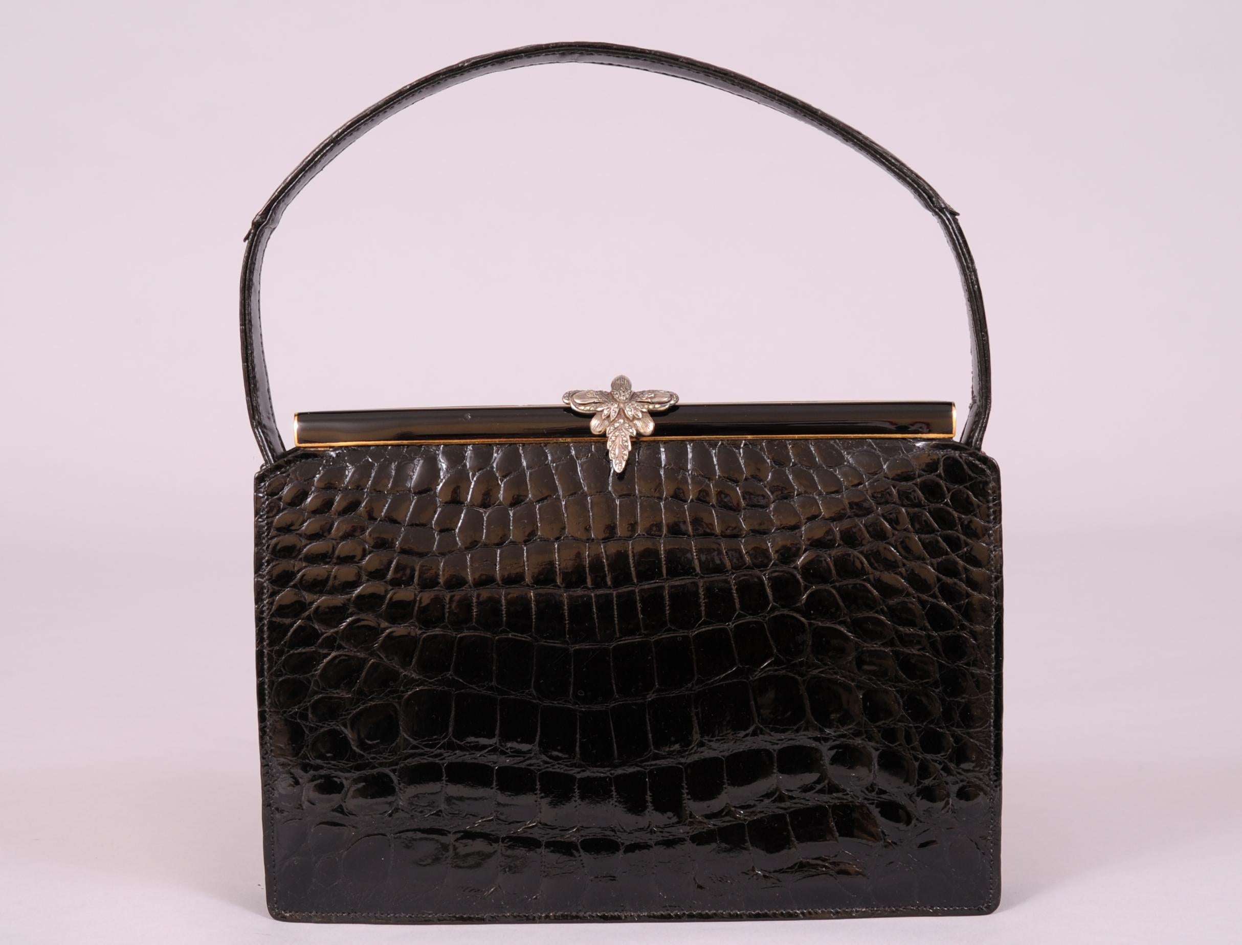 Koret Black Crocodile Handbag Jeweled Enamel Frame Made in France Never Used In Excellent Condition In New Hope, PA