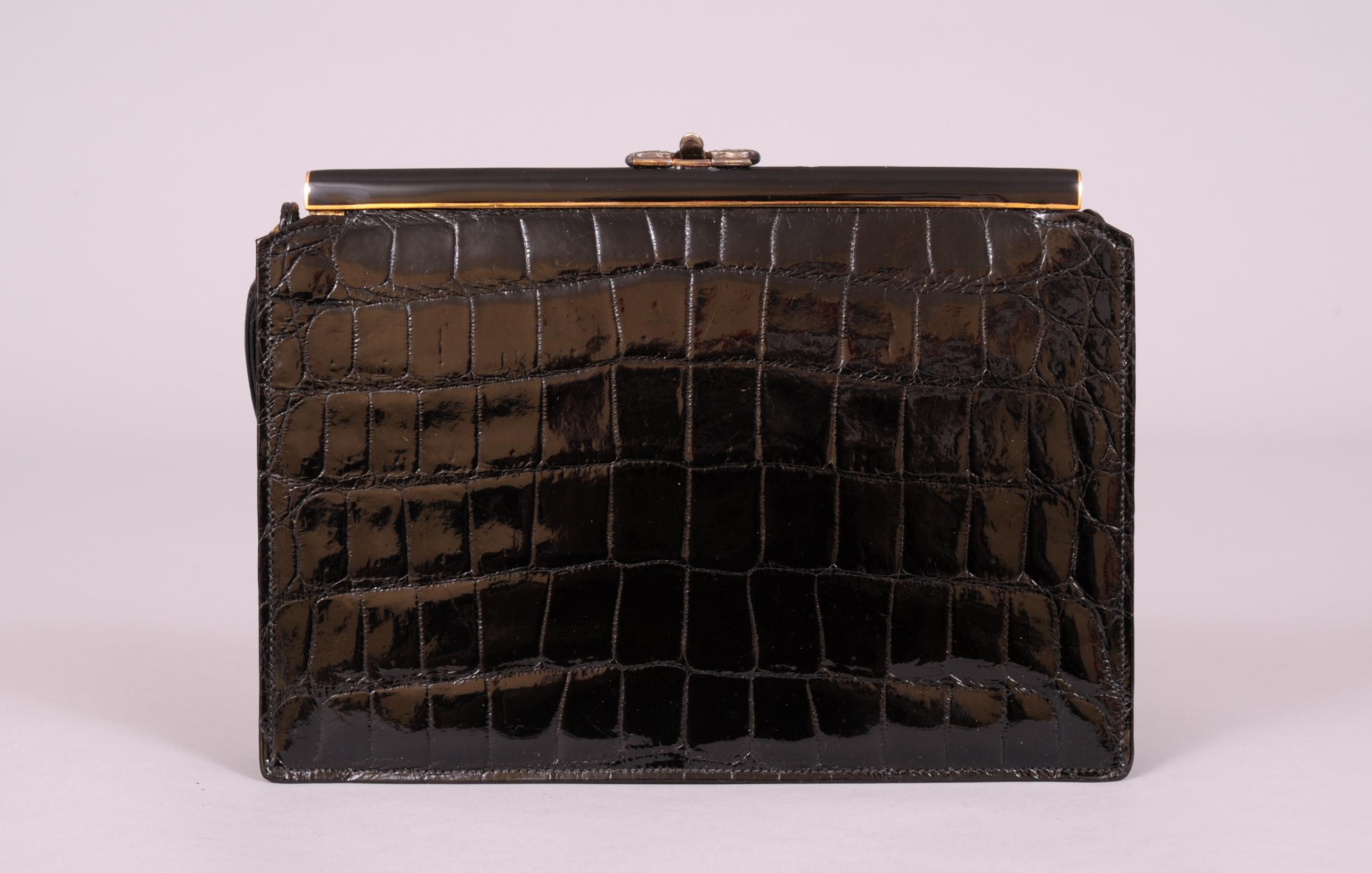 Koret Black Crocodile Handbag Jeweled Enamel Frame Made in France Never Used 1