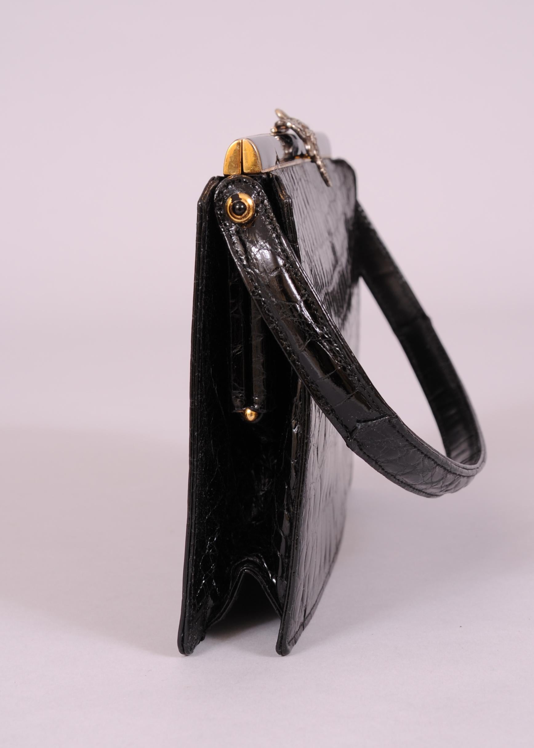 Women's Koret Black Crocodile Handbag Jeweled Enamel Frame Made in France Never Used