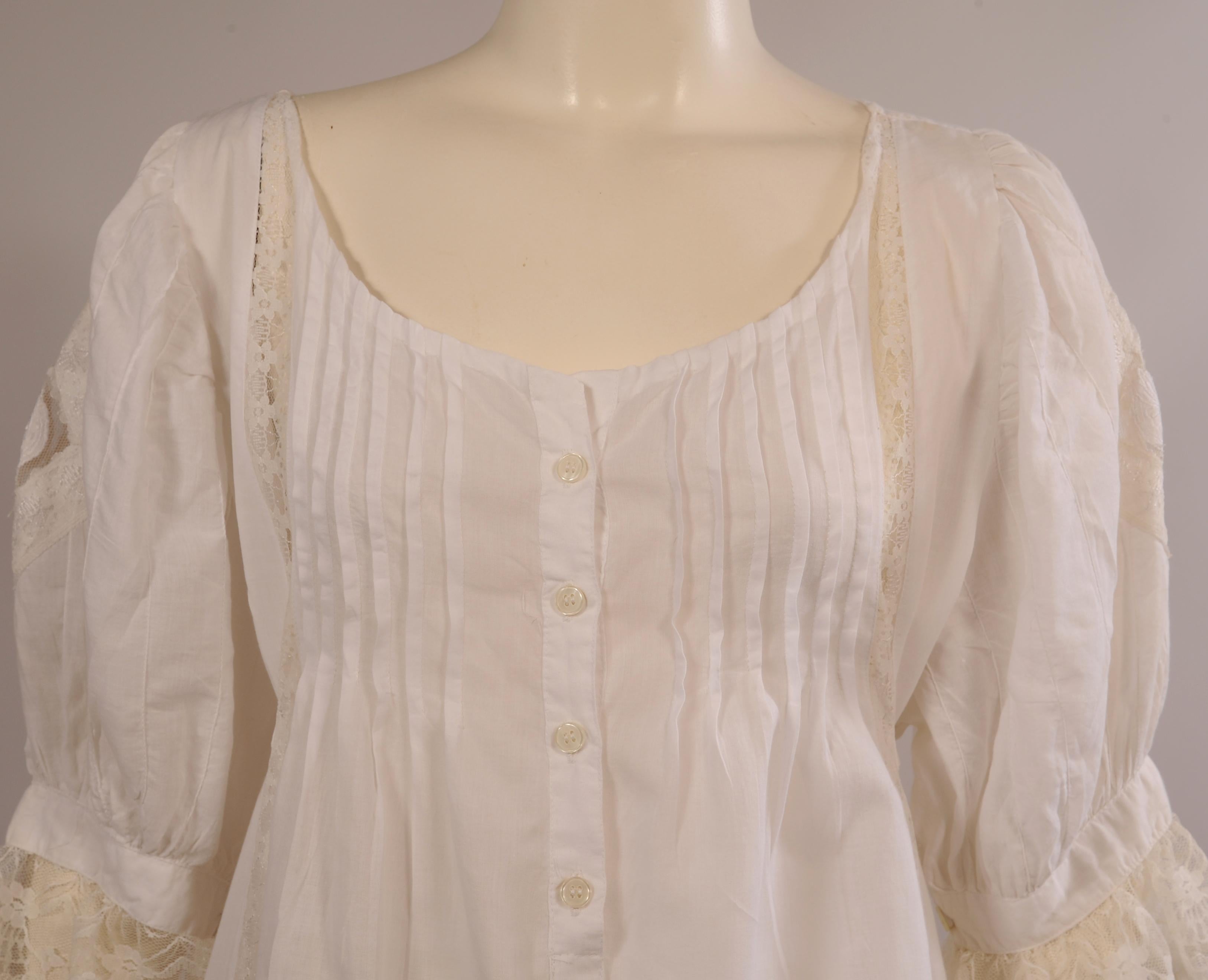 Women's Victorian Inspired White Cotton and Lace Dress circa 1980 For Sale