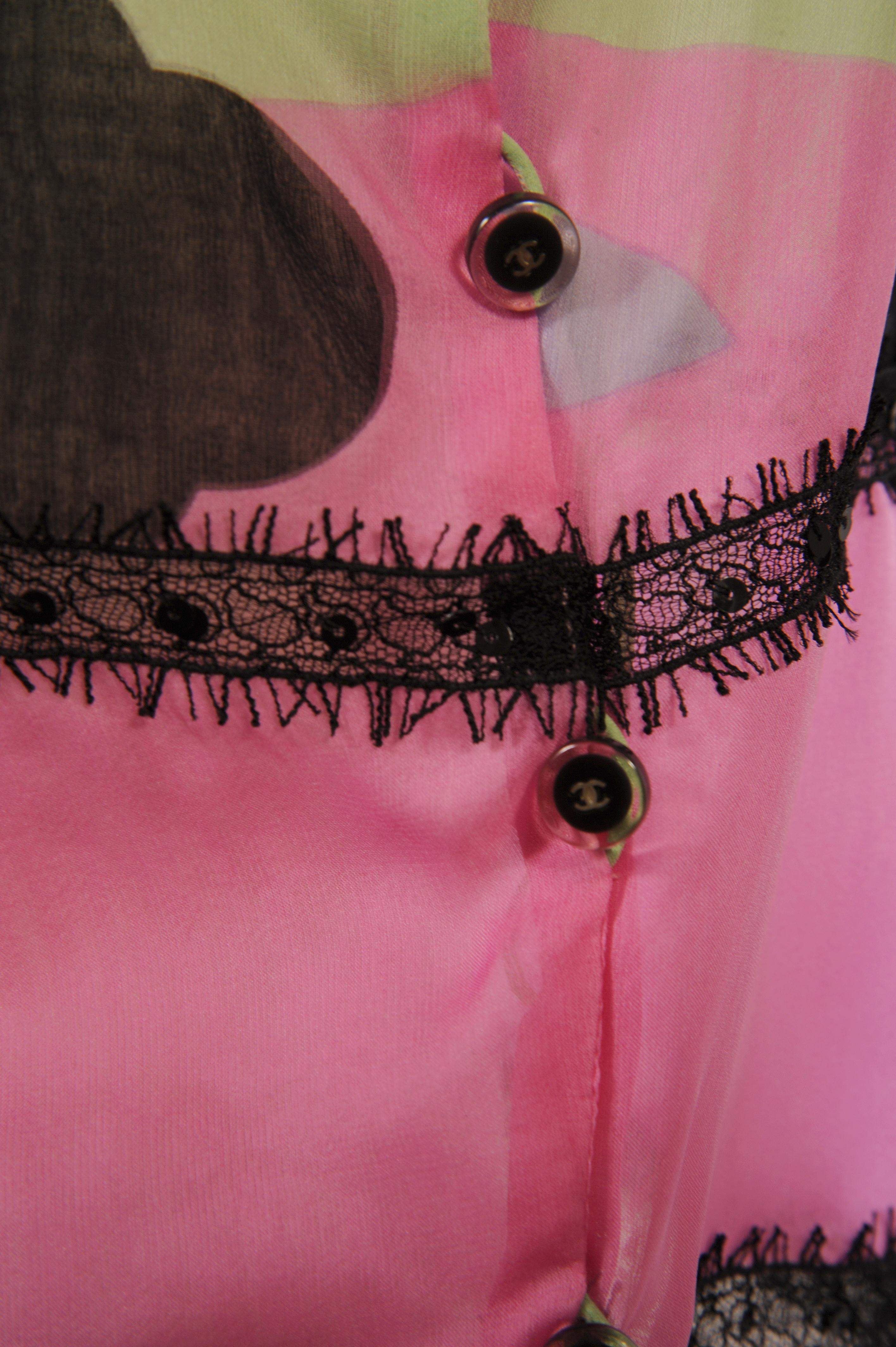 Brown Chanel Printed Silk Camisole Top with Sequins and Lace Trim