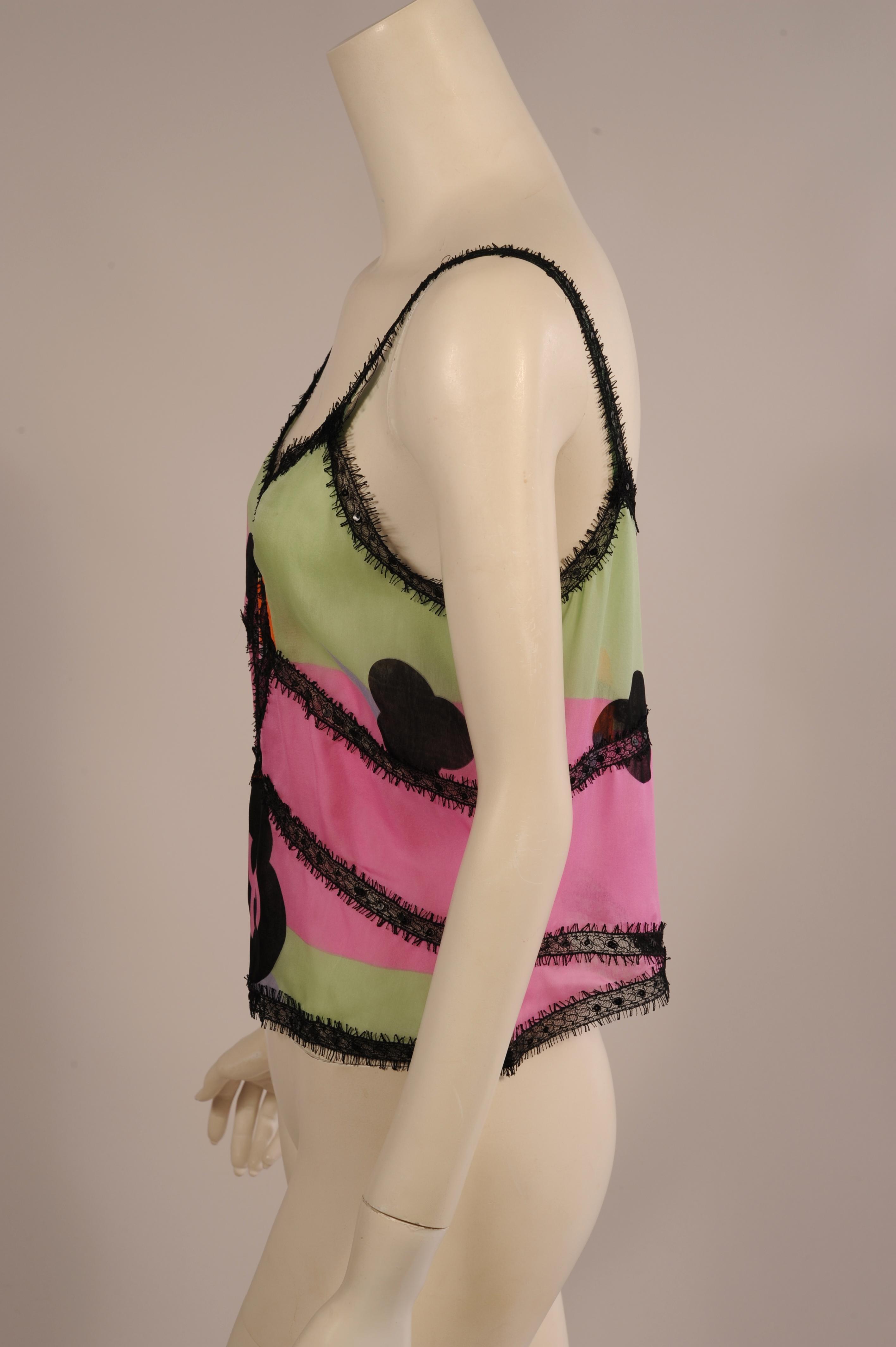 Chanel Printed Silk Camisole Top with Sequins and Lace Trim In Excellent Condition In New Hope, PA