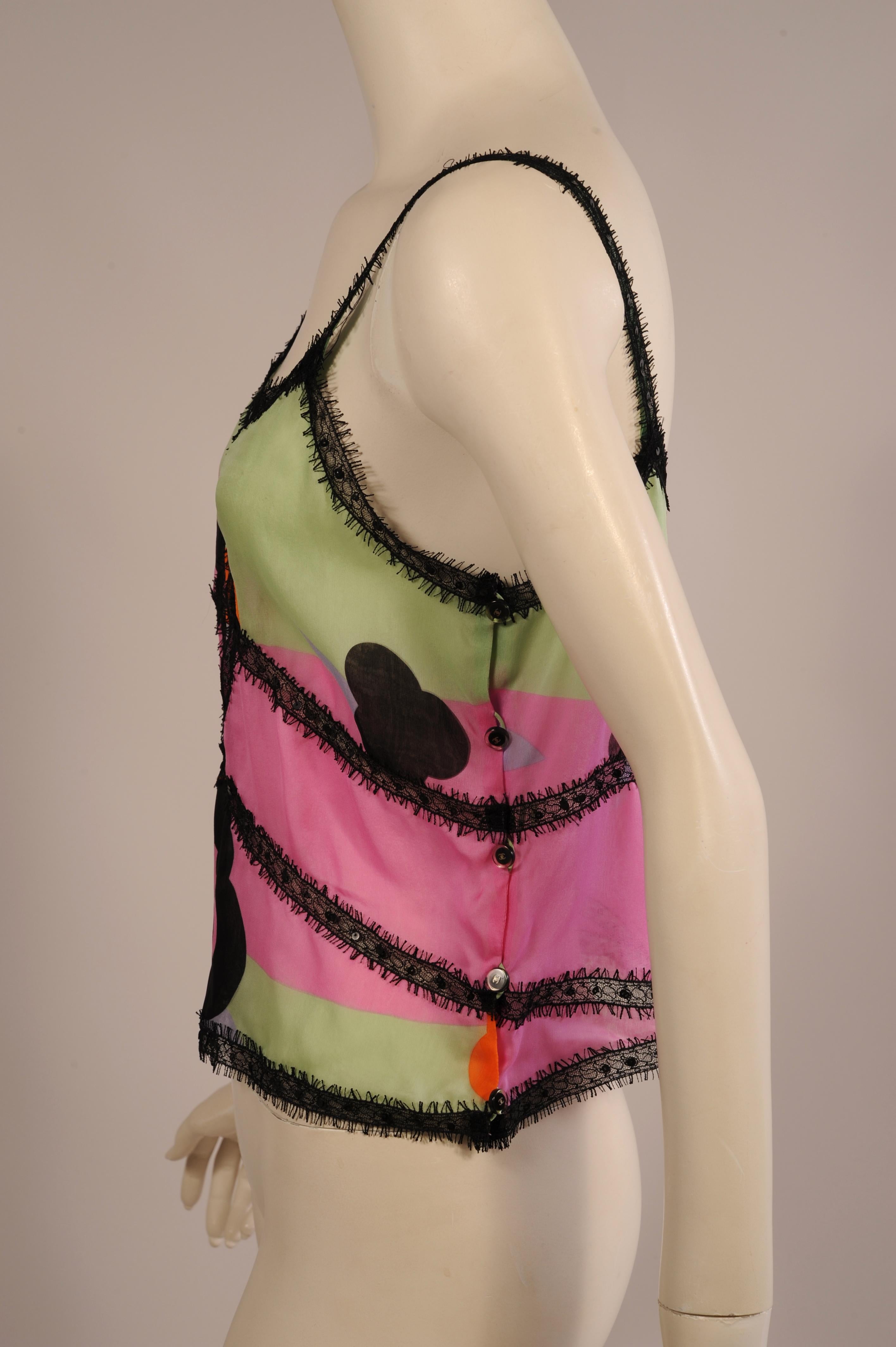 Women's Chanel Printed Silk Camisole Top with Sequins and Lace Trim