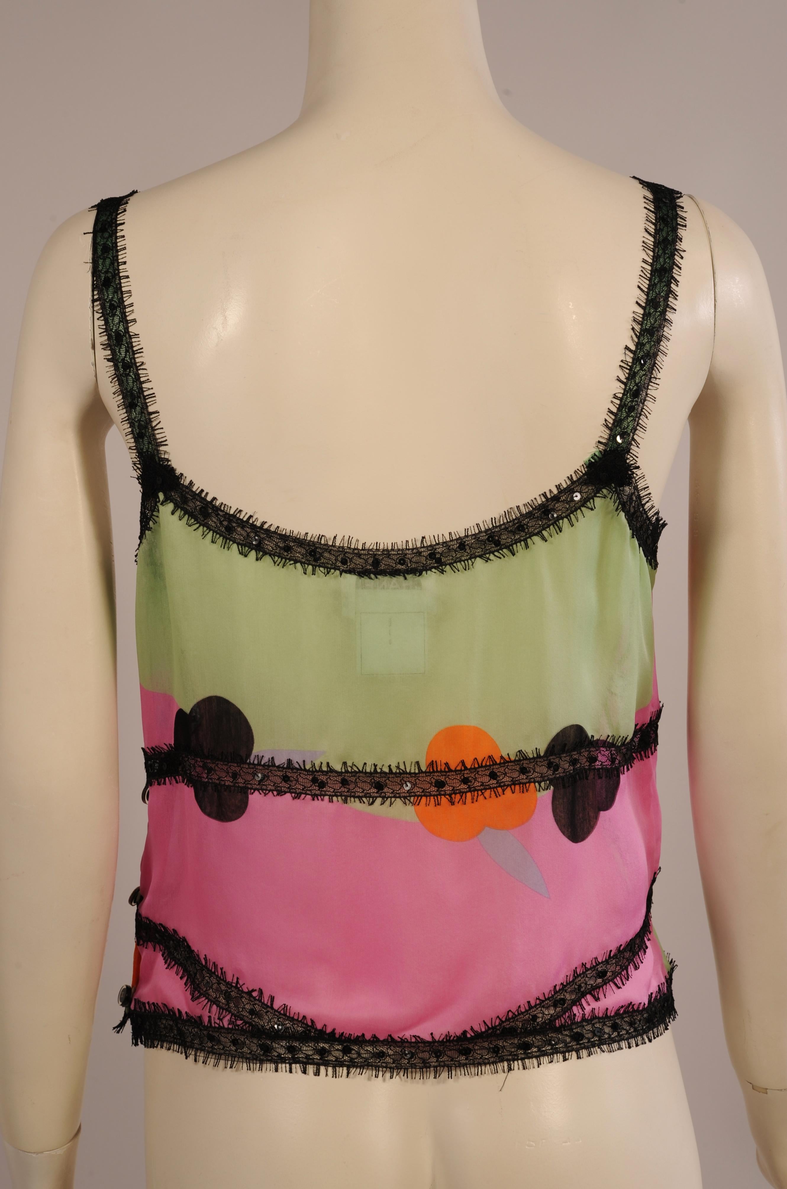 Chanel Printed Silk Camisole Top with Sequins and Lace Trim 1