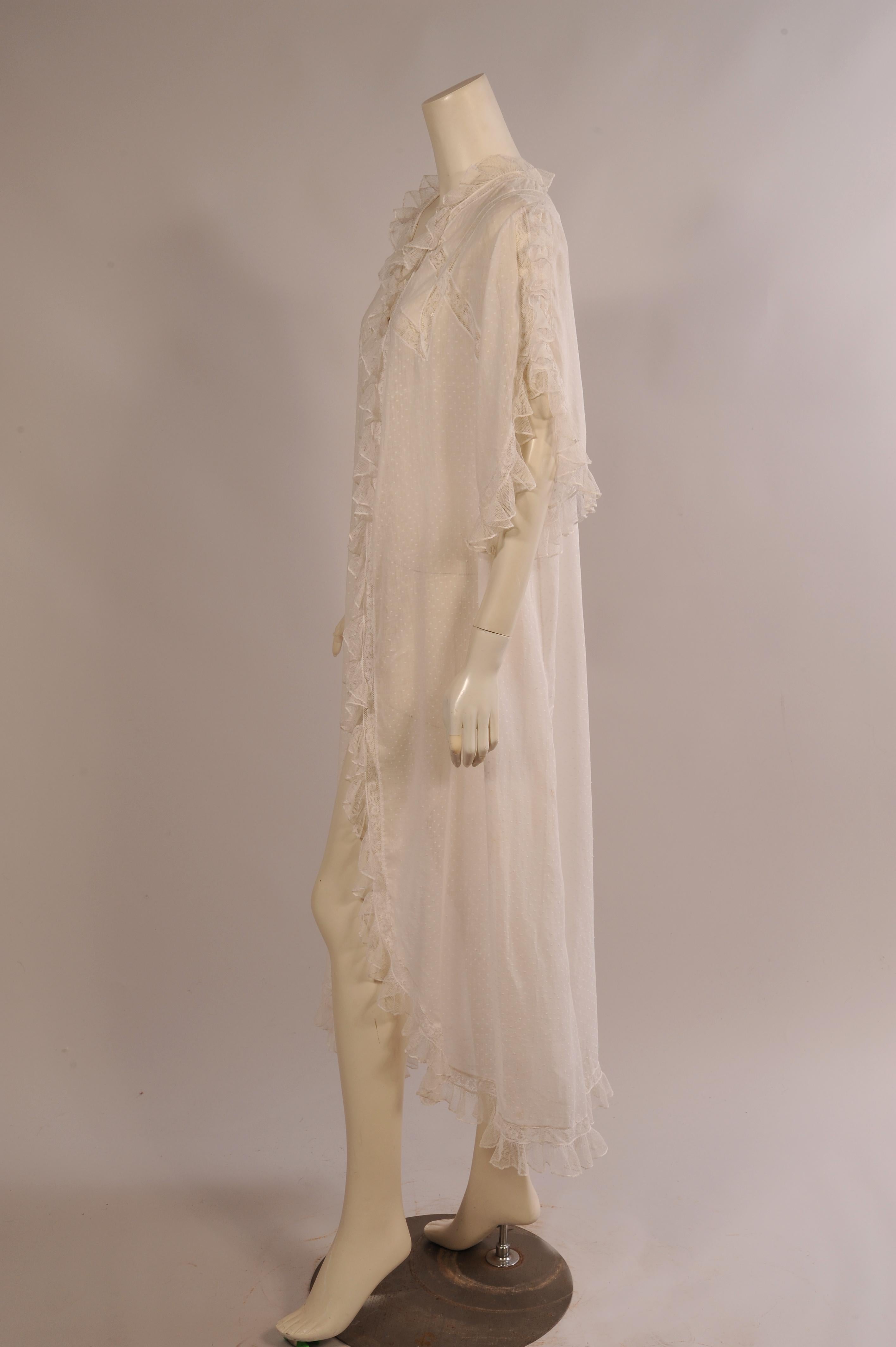 Beige Lace Trimmed Dotted Swiss Peignoir or Robe