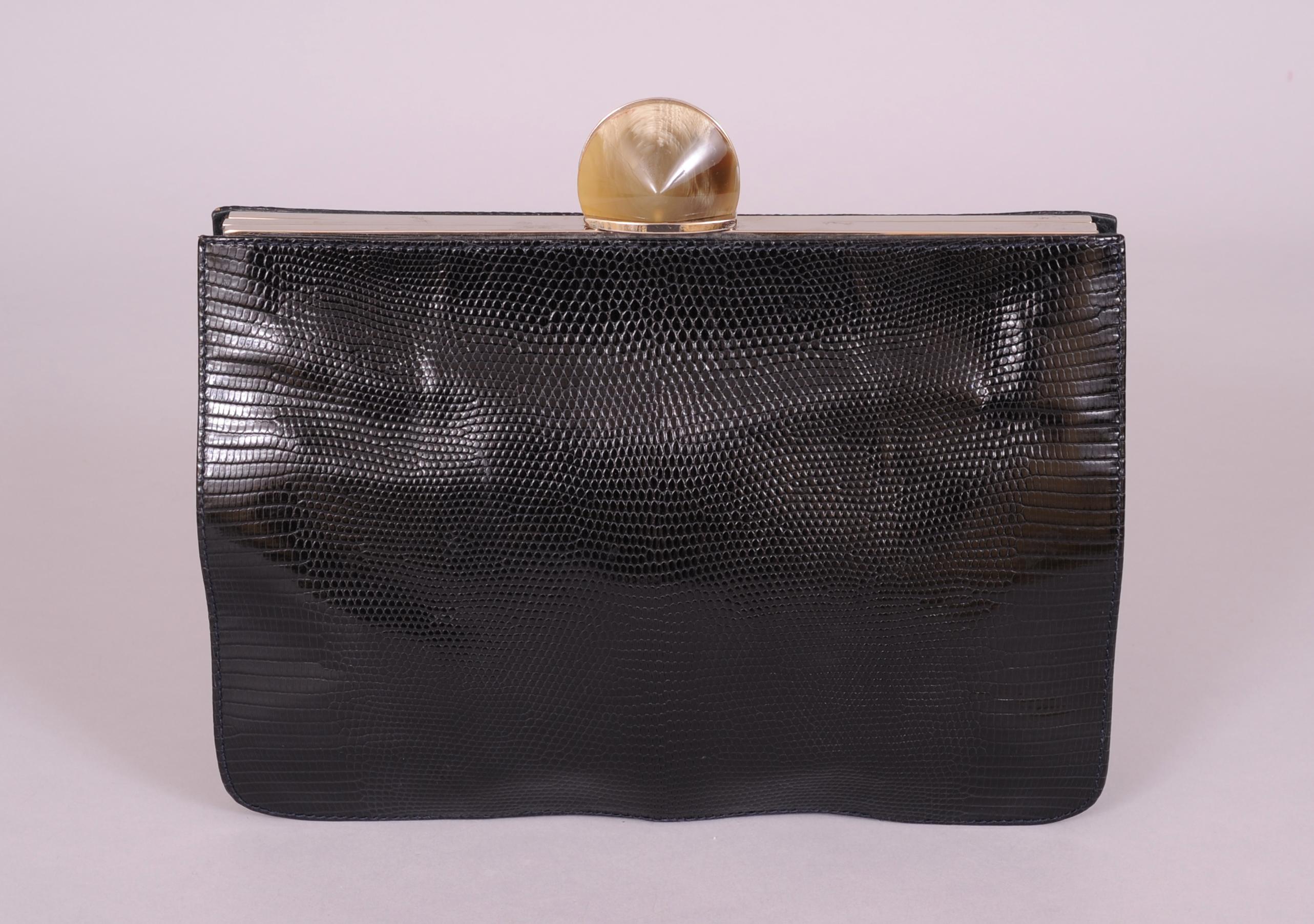 Women's Desmo Black Lizard Clutch with Faceted Stone Clasp