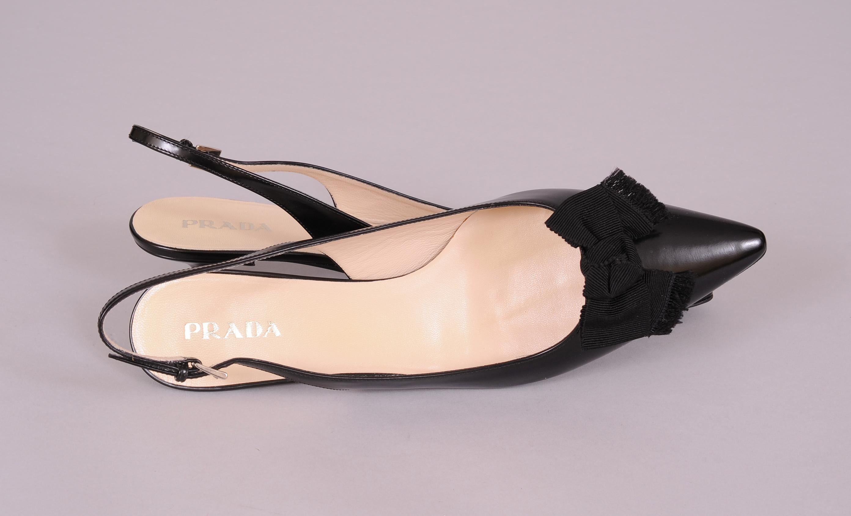Prada Black Leather Kitten Heel Sling Backs Black Faille Bows Never Worn 10.5 In New Condition In New Hope, PA