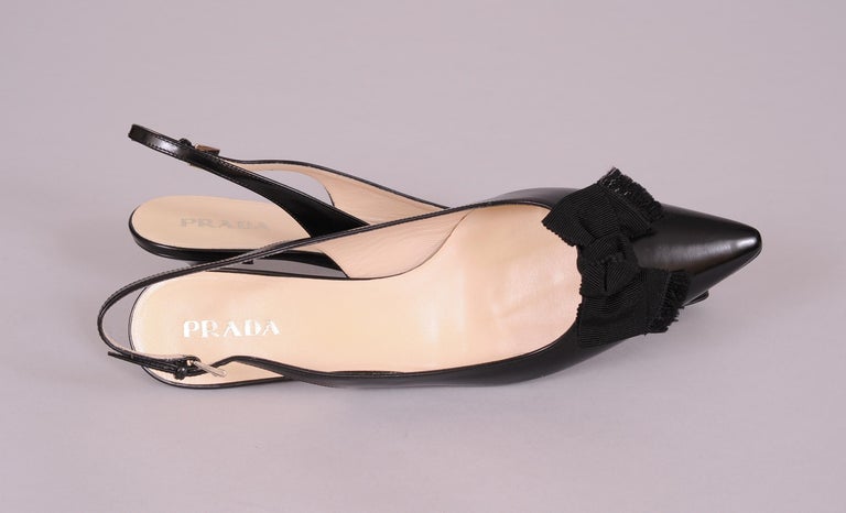 Prada Black Leather Kitten Heel Sling Backs Black Faille Bows Never