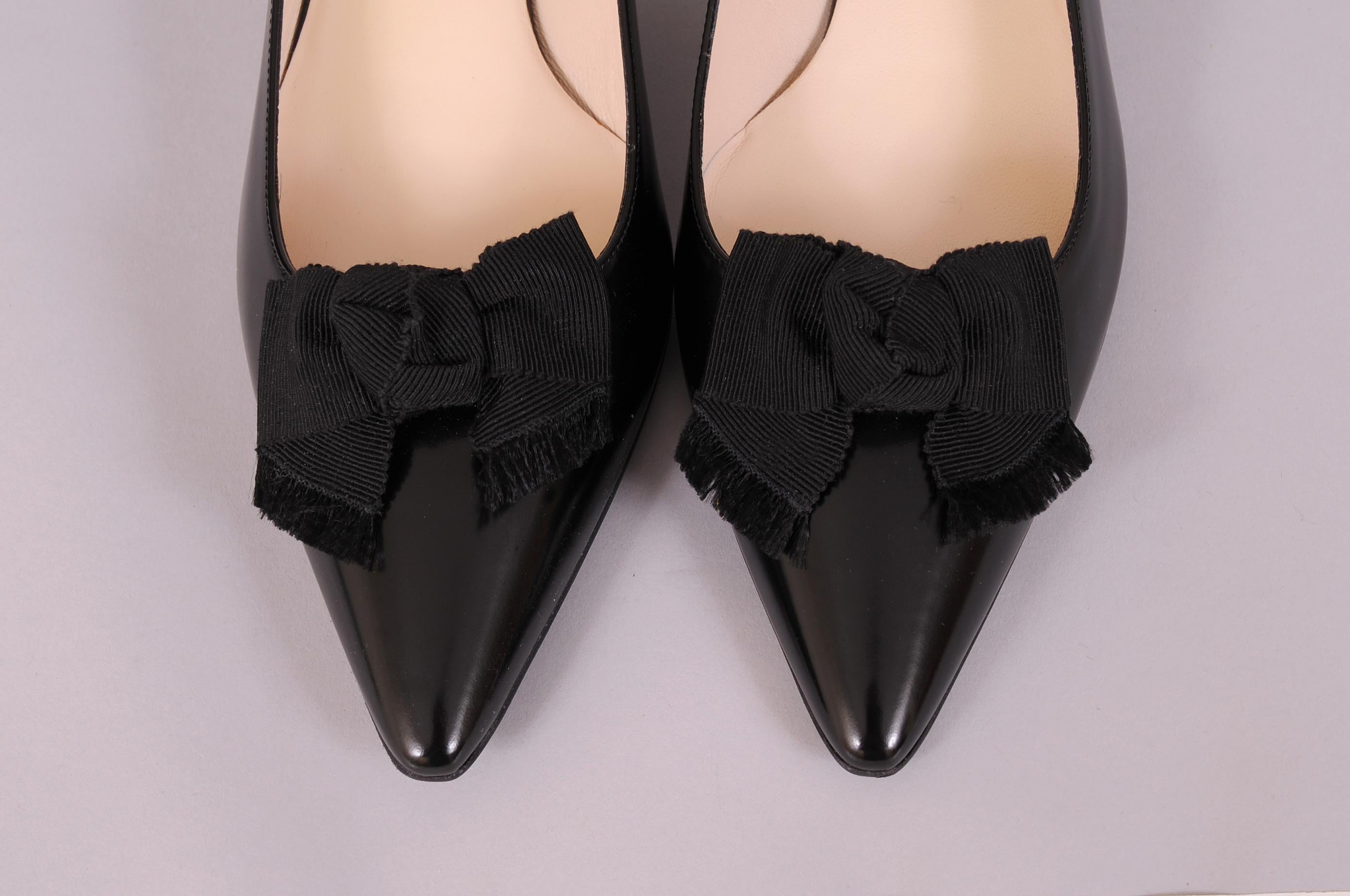 Women's Prada Black Leather Kitten Heel Sling Backs Black Faille Bows Never Worn 10.5