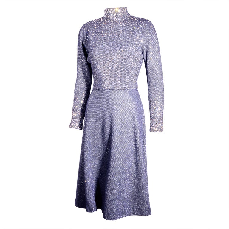 Pauline Trigere Navy Blue Dress Studded with Rhinestones