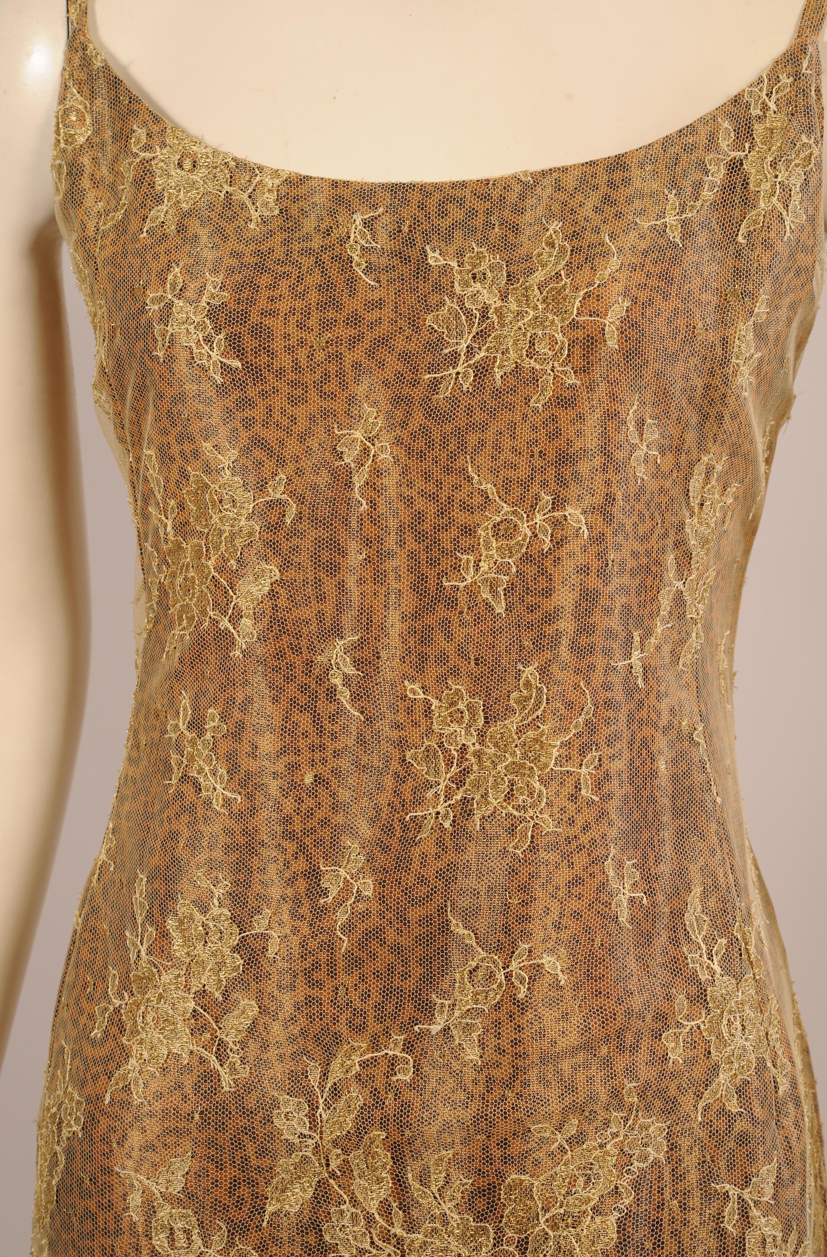 Brown Jean-Louis Scherrer Gold Lace over Leopard Print Dress For Sale