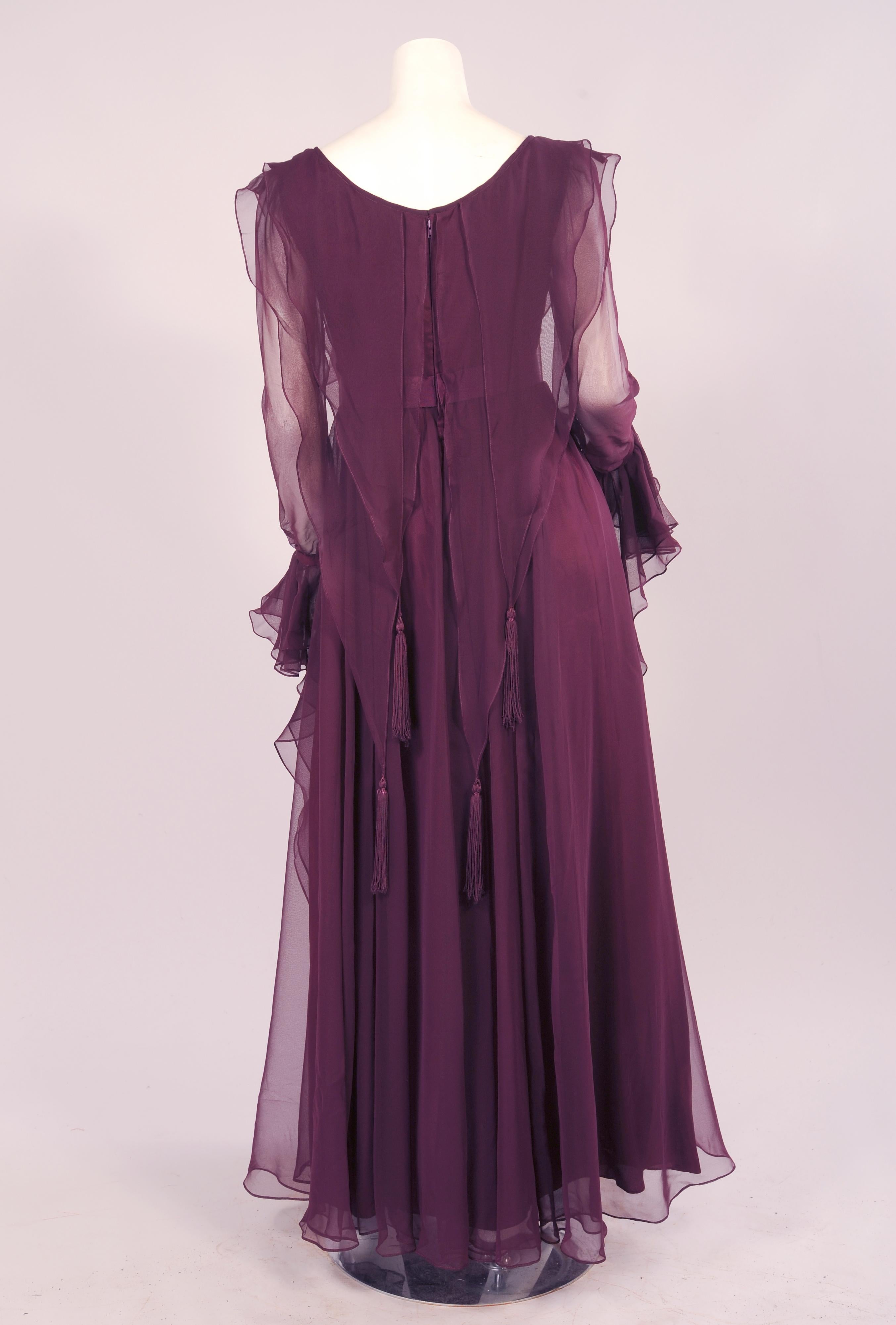 Black  Jean Varon 1970's Aubergine Chiffon Evening Dress Ruffles Ribbons and Tassels