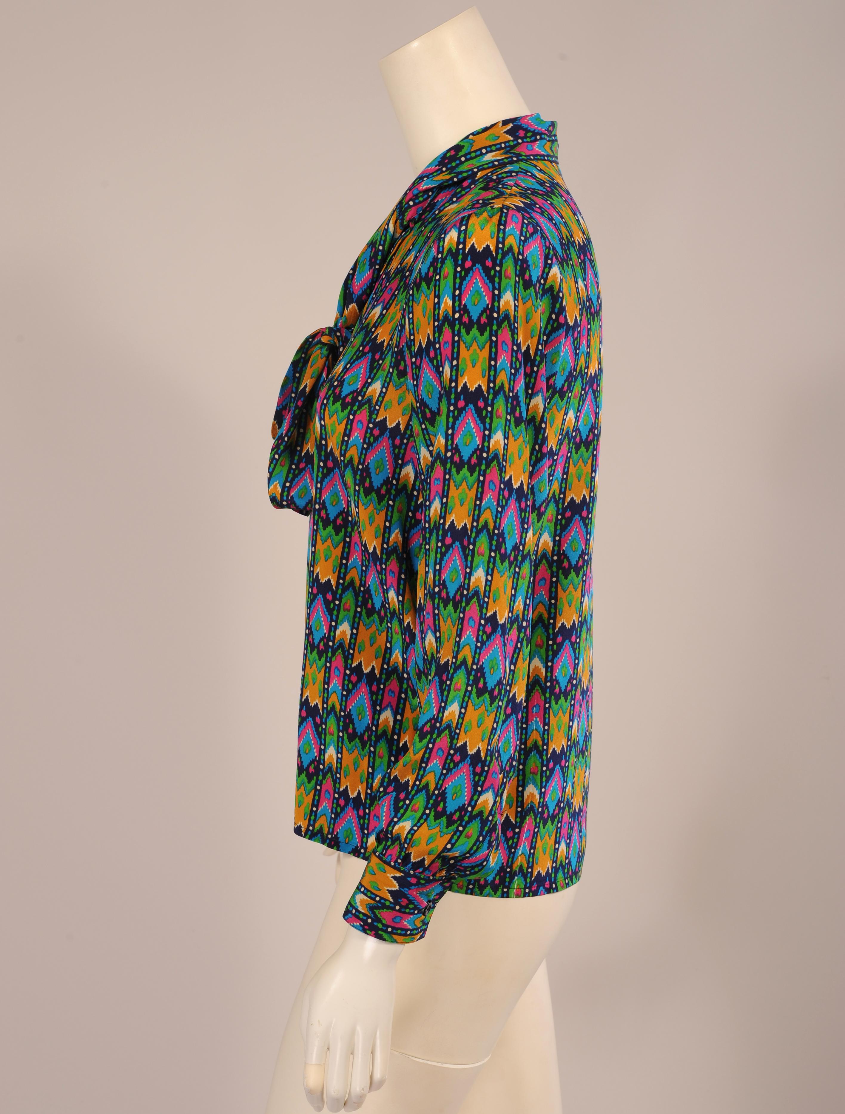 Black Yves Saint Laurent Colorful Silk Print Tunic Blouse with Tie Collar