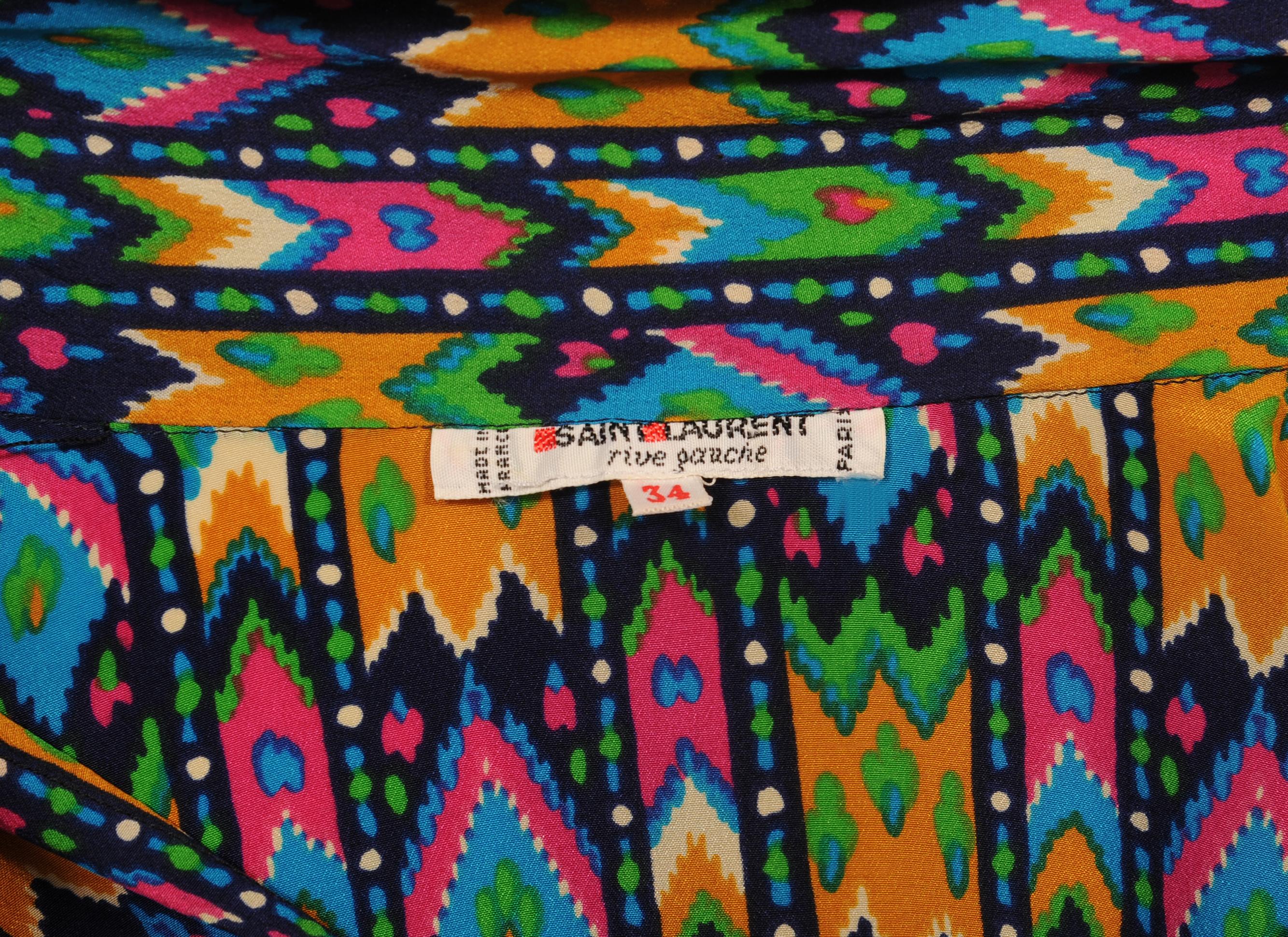 Women's Yves Saint Laurent Colorful Silk Print Tunic Blouse with Tie Collar