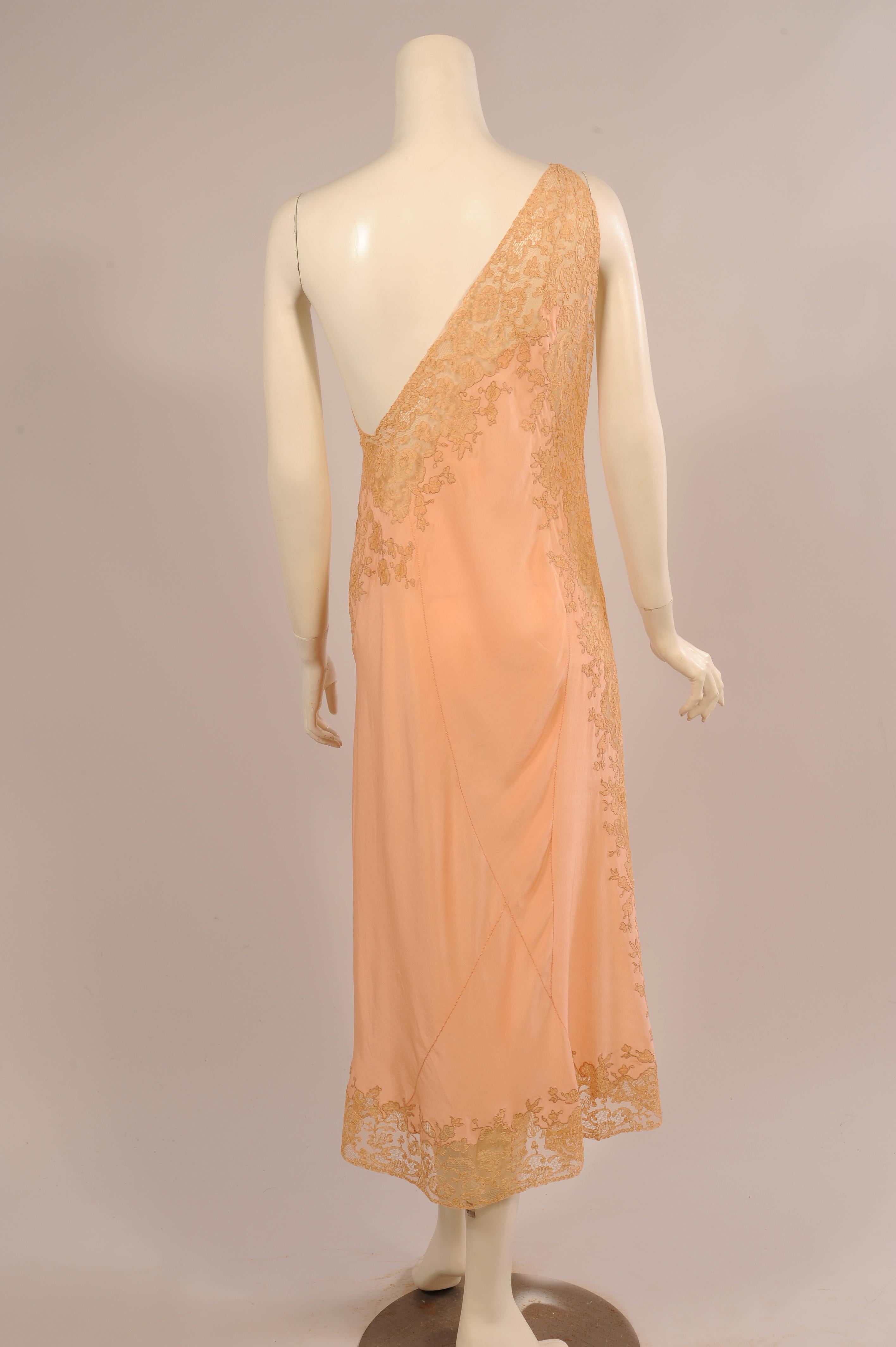 Orange French Handmade Single Shoulder Alencon Lace and Silk Negligee, 1920s 