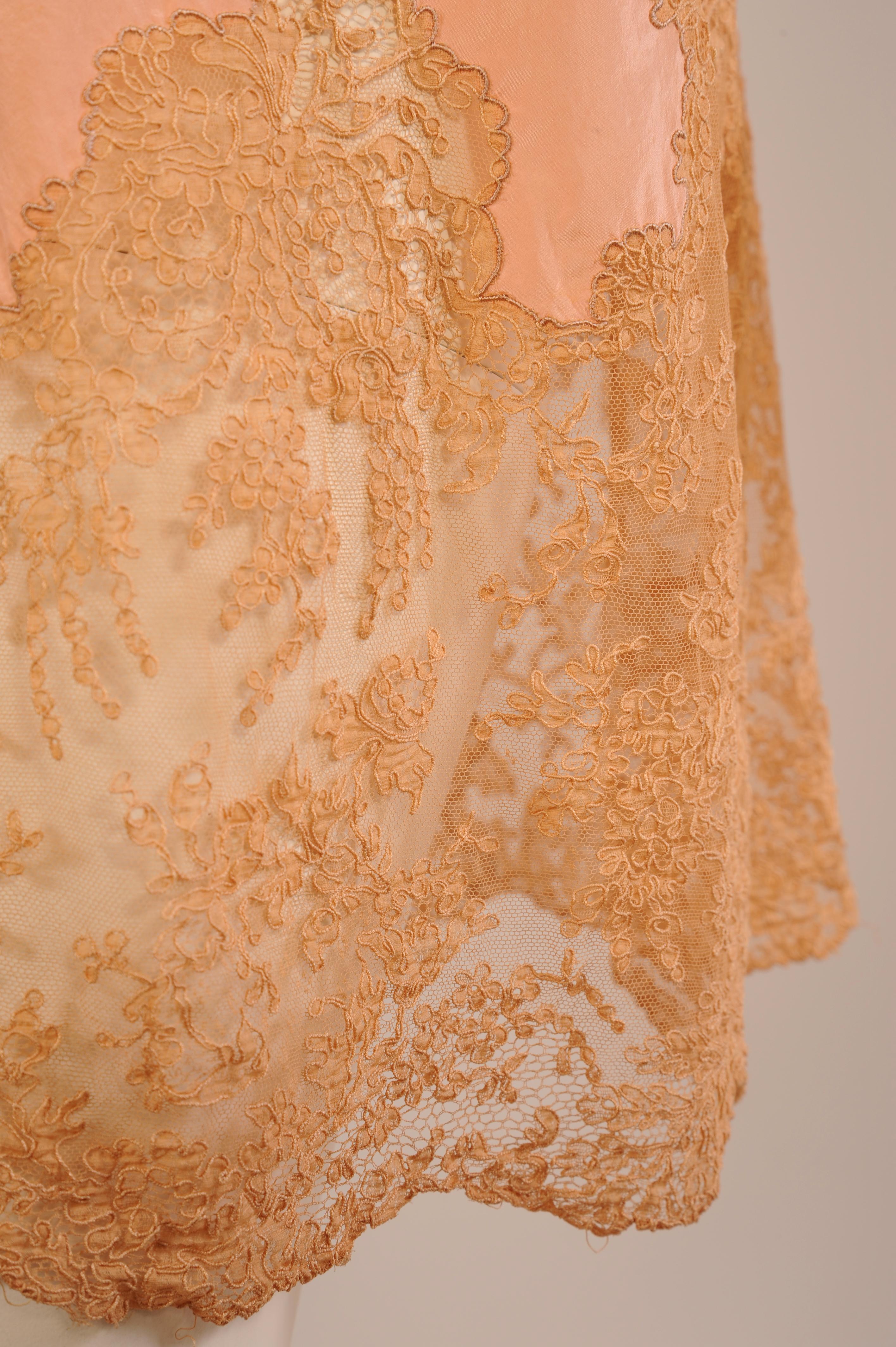 Orange French Handmade Alencon Lace and Silk Slip, 1920s 