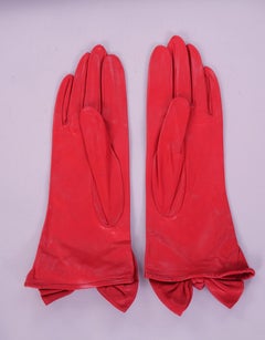 Carlos Falchi Red Leather Gloves with Bow Decoration Never Worn