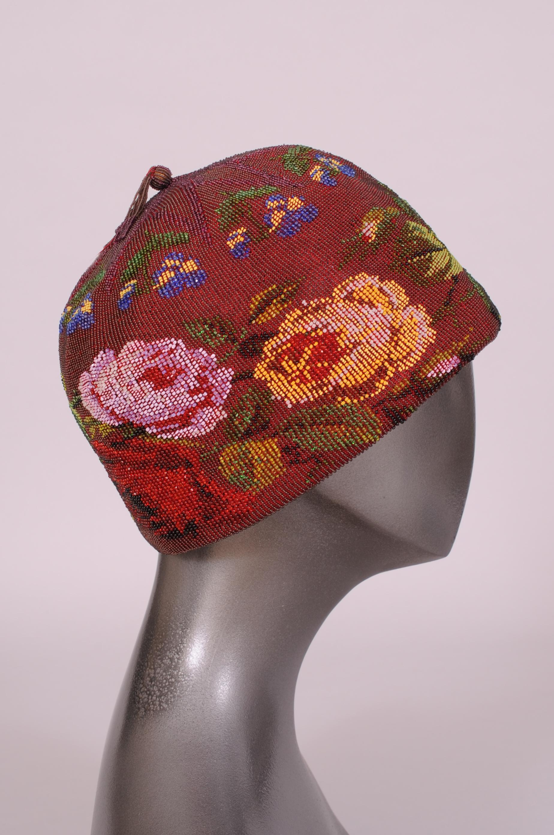 Beige Victorian Micro Beaded Burgundy Hat with Colorful Floral Decoration