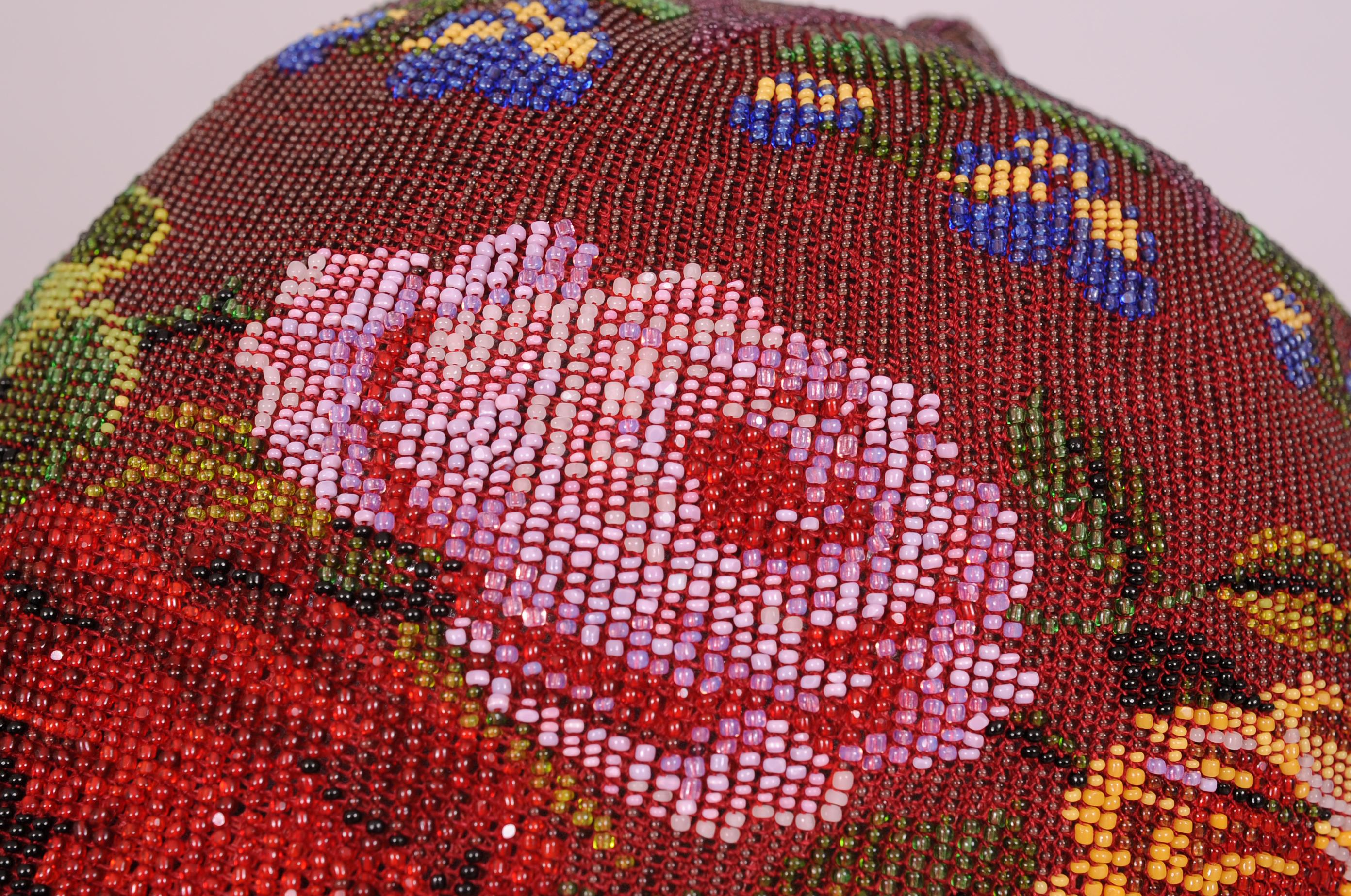Women's Victorian Micro Beaded Burgundy Hat with Colorful Floral Decoration
