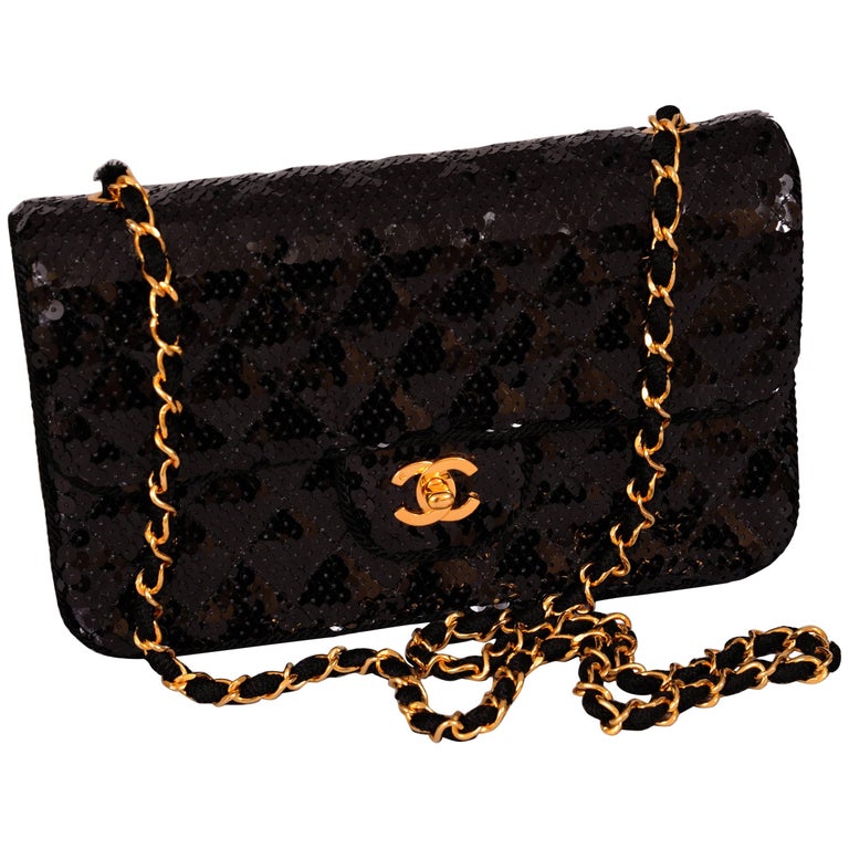 Chanel Sparkling Black Sequin Quilted Bag With Chain Strap For Sparkling Black Sequins Add Glamour To This Classic Chanel Bag It Is Quilted Bears