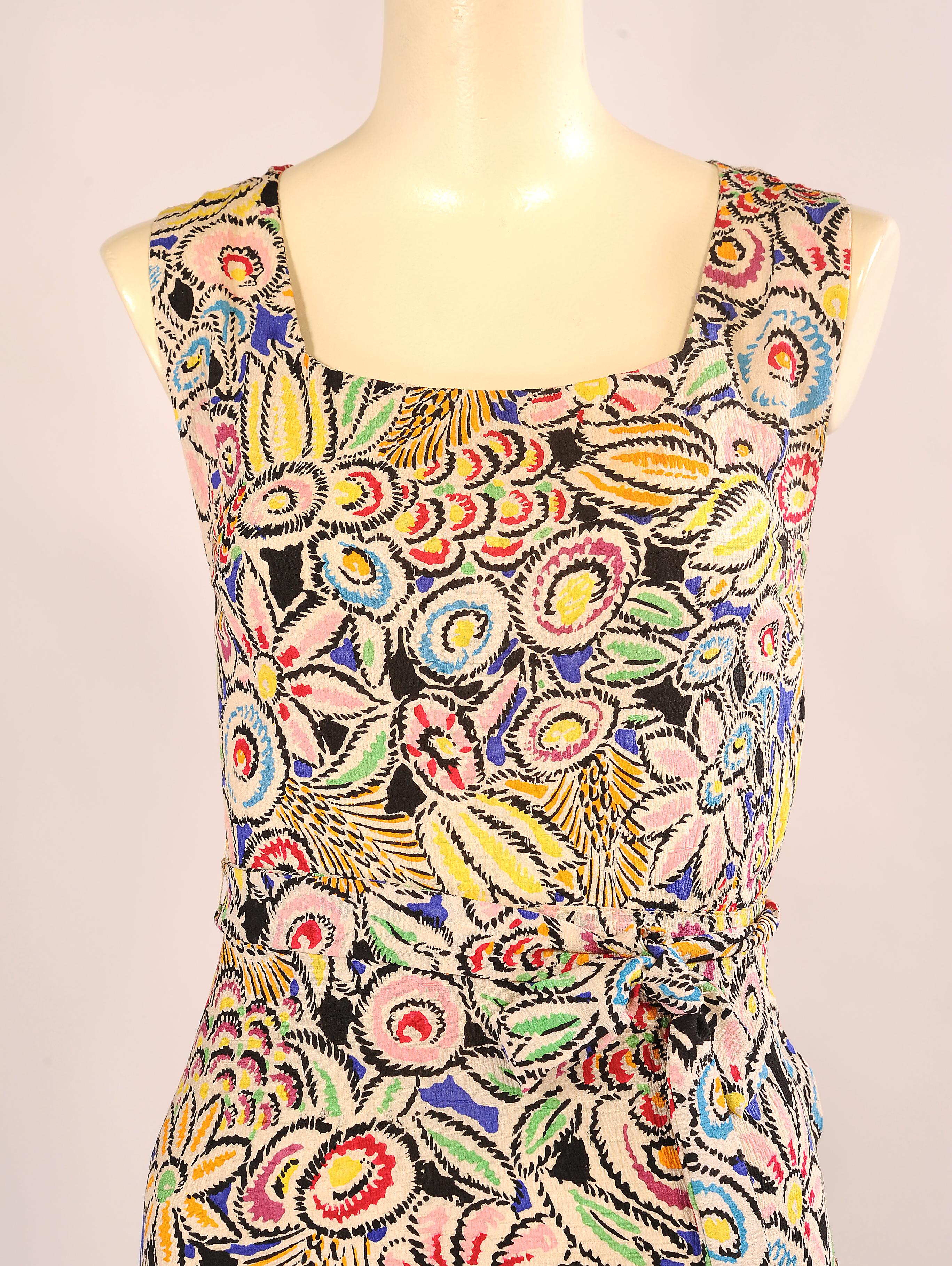 Beige 1930's Art Deco Vibrant Floral Print Sleeveless Silk Dress and Matching Bolero