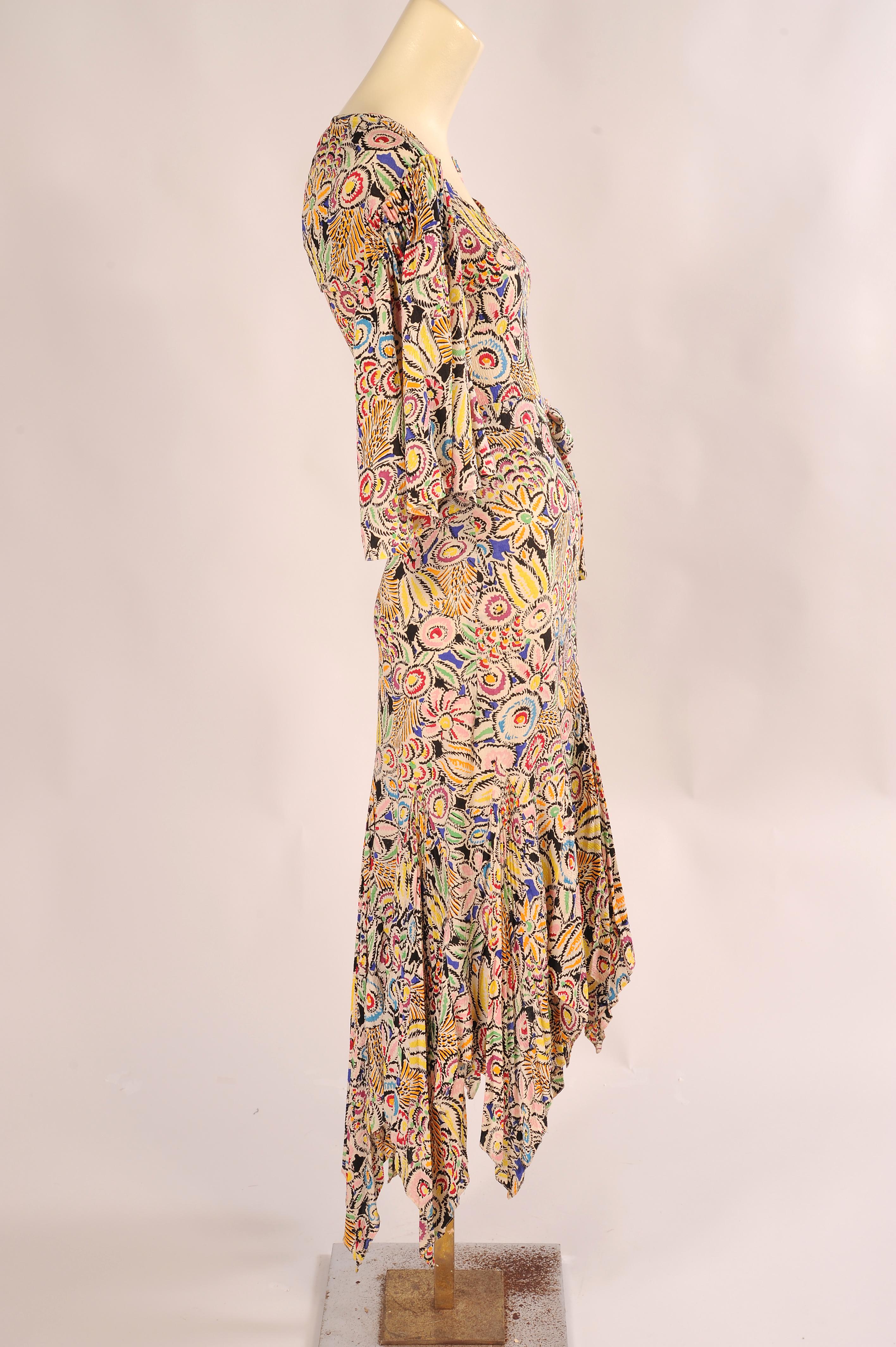 Women's 1930's Art Deco Vibrant Floral Print Sleeveless Silk Dress and Matching Bolero