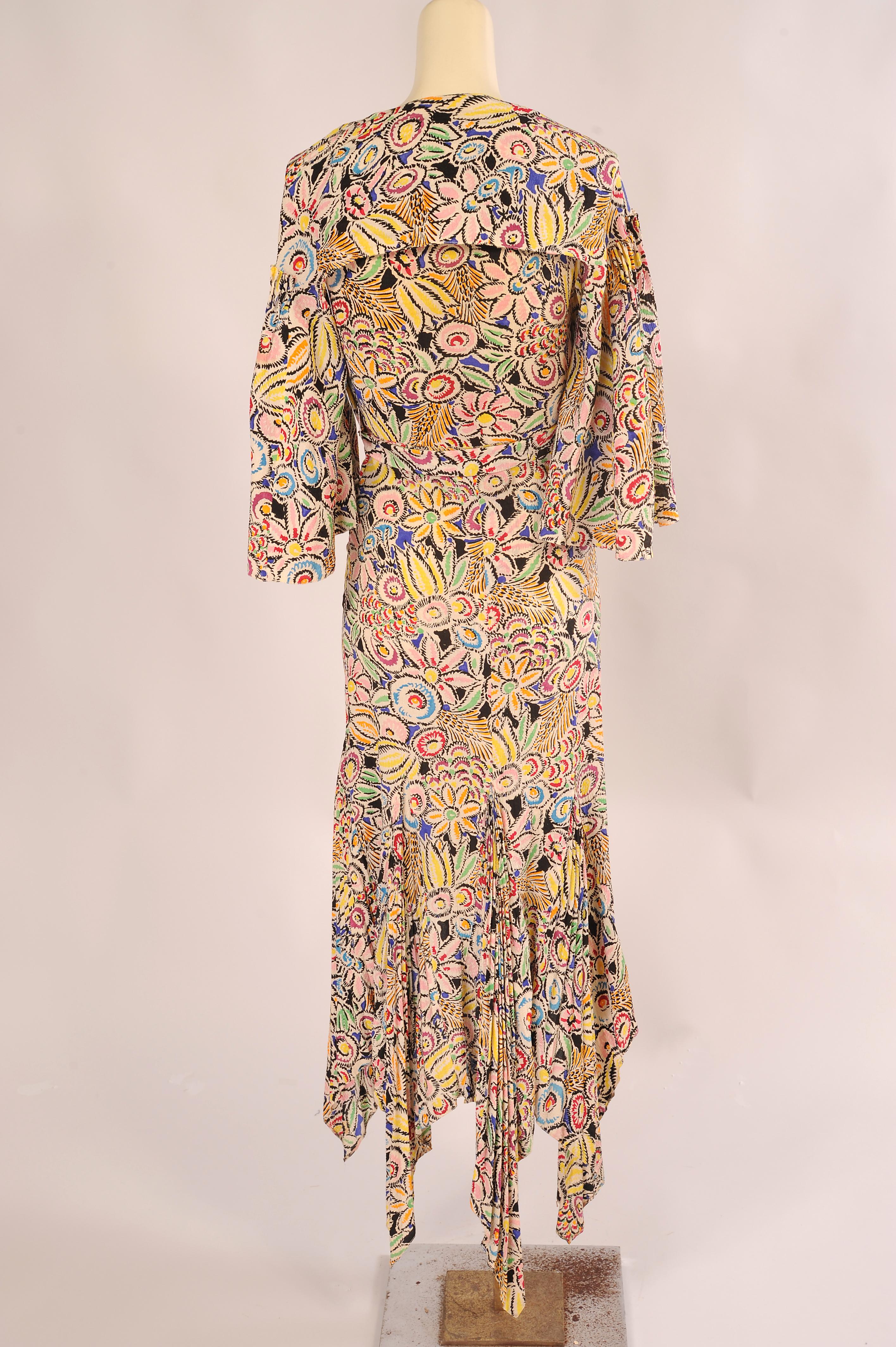 1930's Art Deco Vibrant Floral Print Sleeveless Silk Dress and Matching Bolero 2