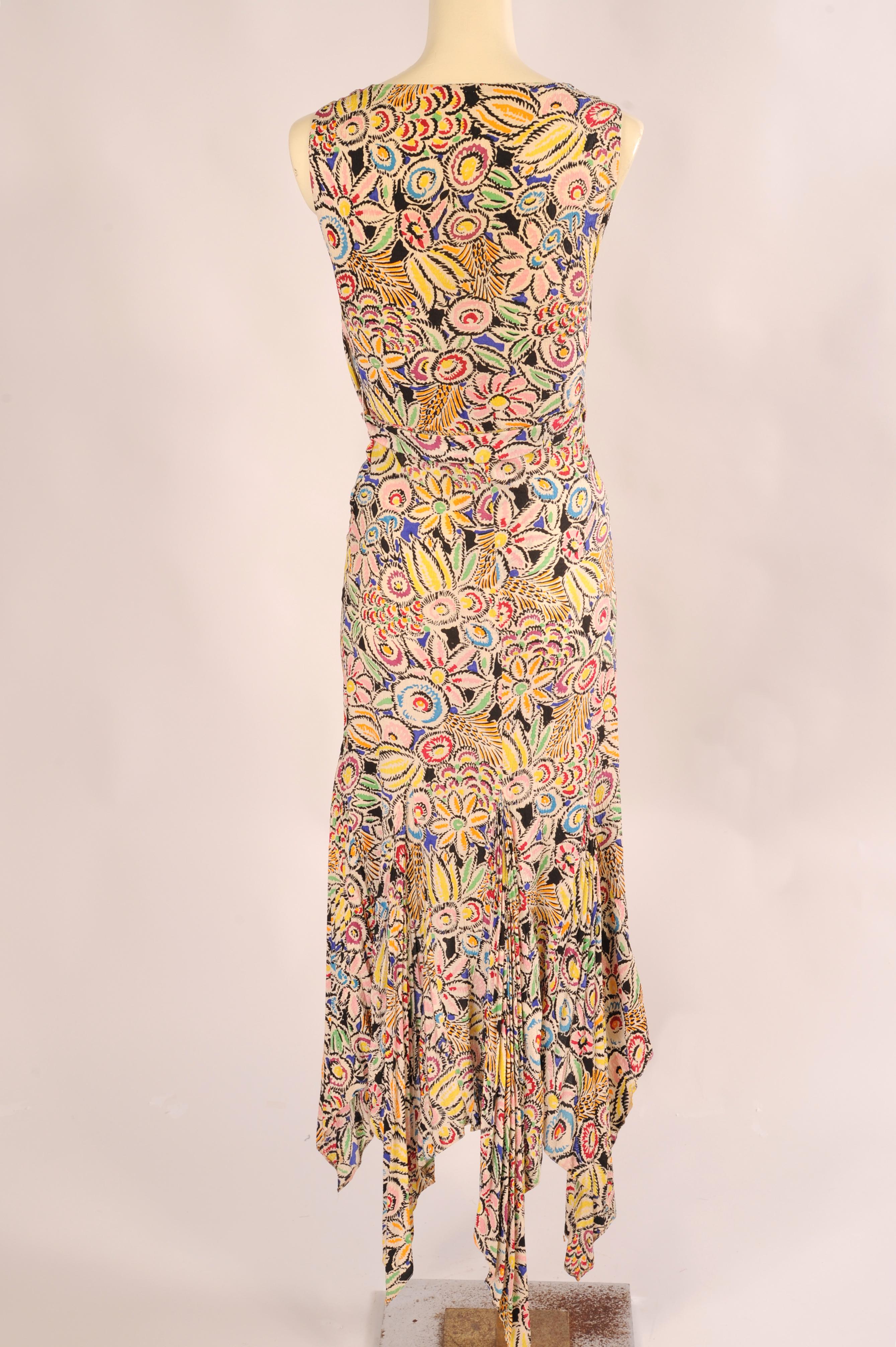 1930's Art Deco Vibrant Floral Print Sleeveless Silk Dress and Matching Bolero 1