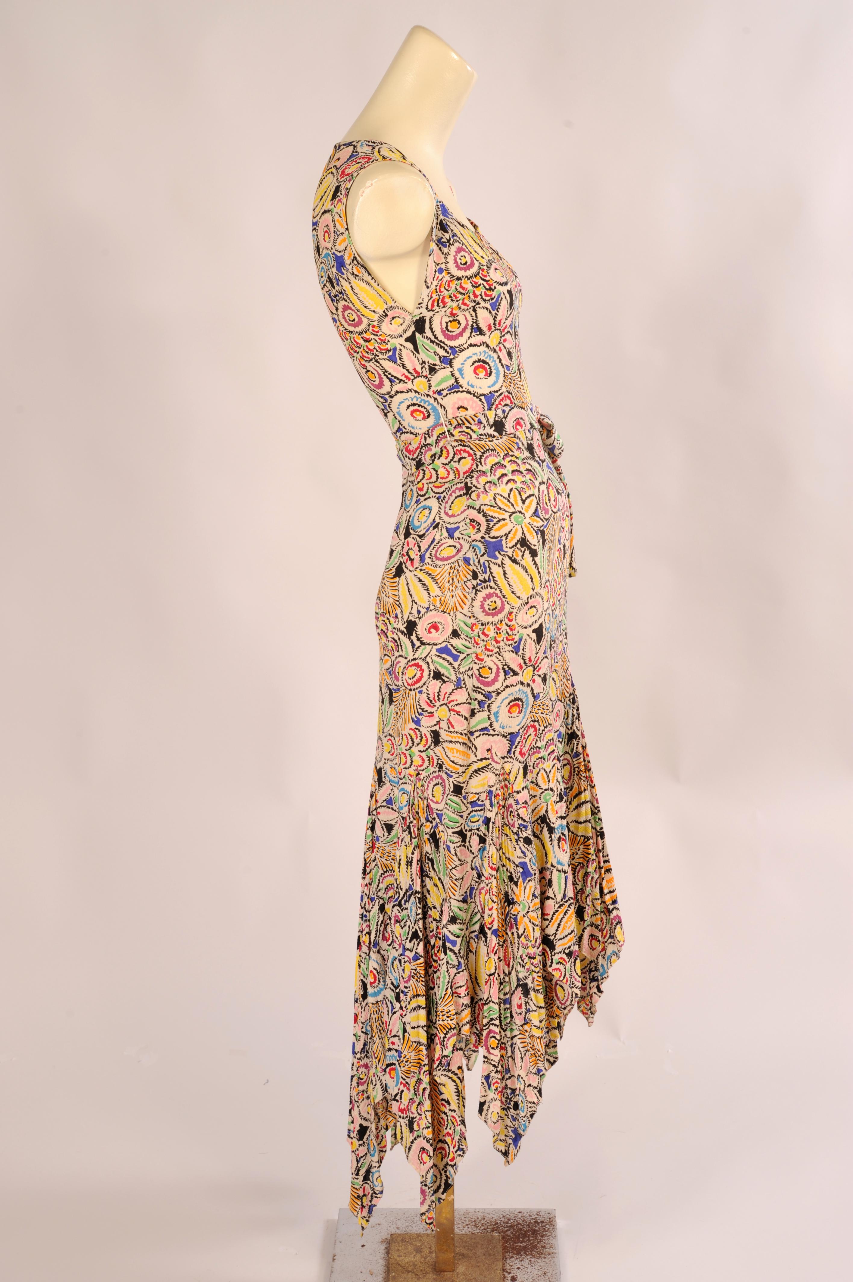 1930's Art Deco Vibrant Floral Print Sleeveless Silk Dress and Matching Bolero In Excellent Condition In New Hope, PA