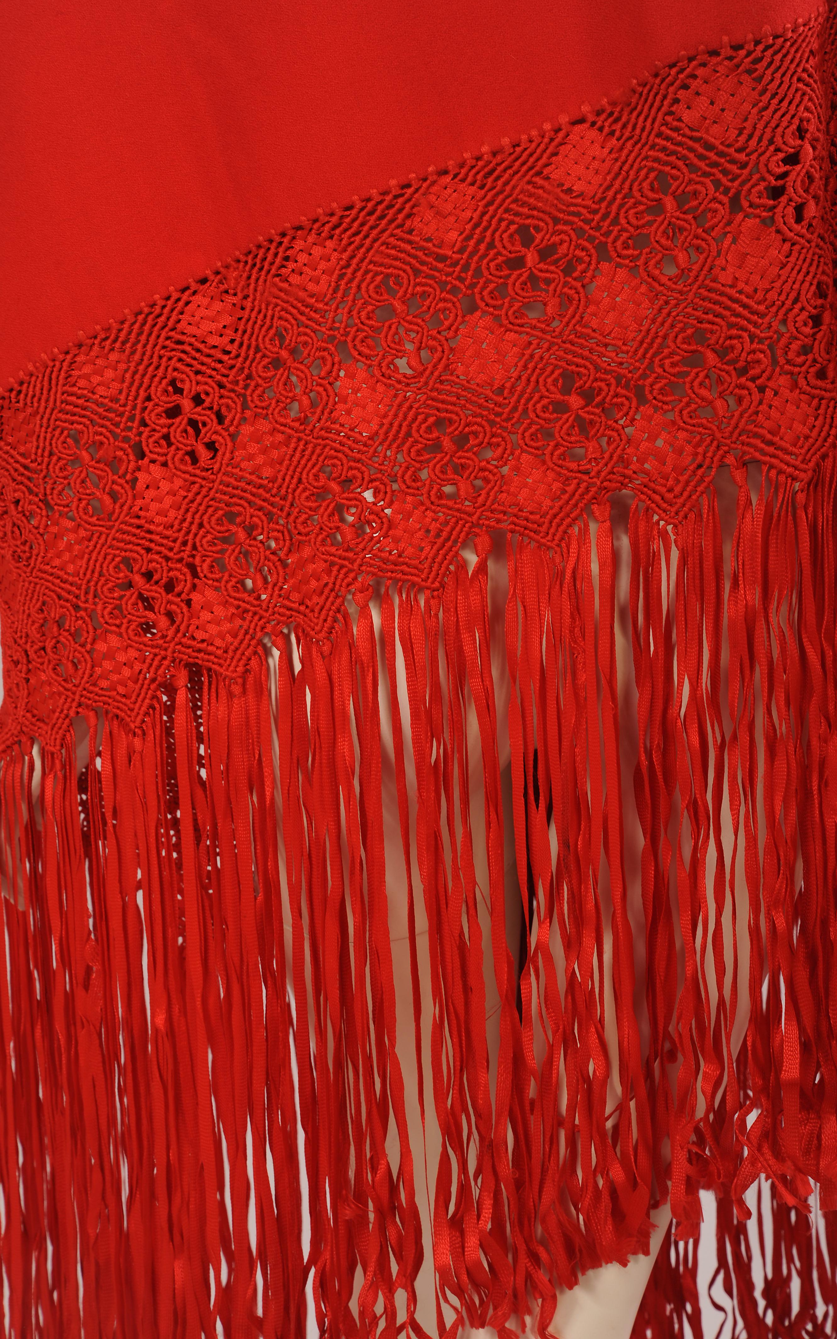 Women's Stunning Red Wool Crepe Shawl with Elaborate Silk Macrame Fringe