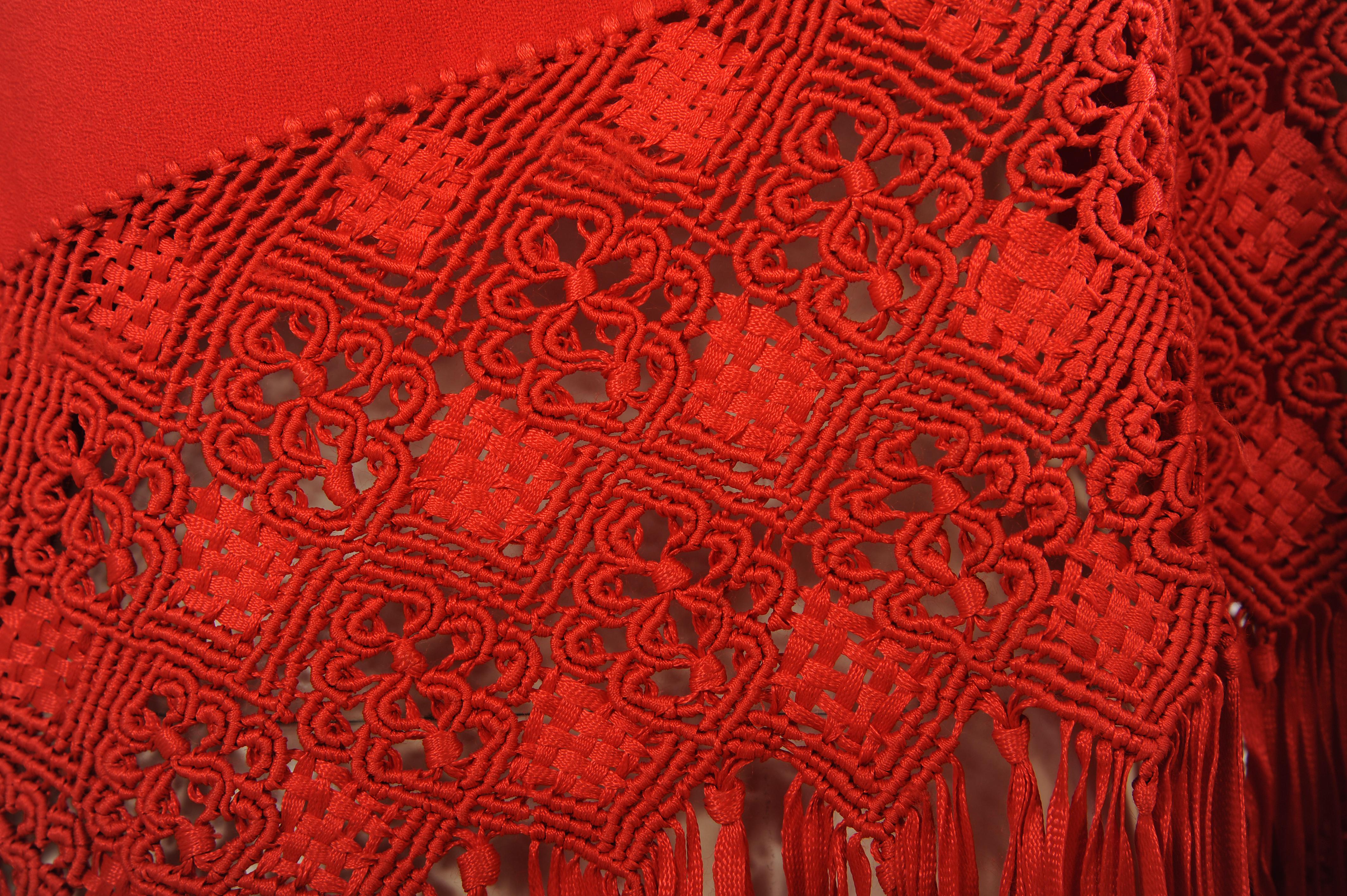 Stunning Red Wool Crepe Shawl with Elaborate Silk Macrame Fringe 1