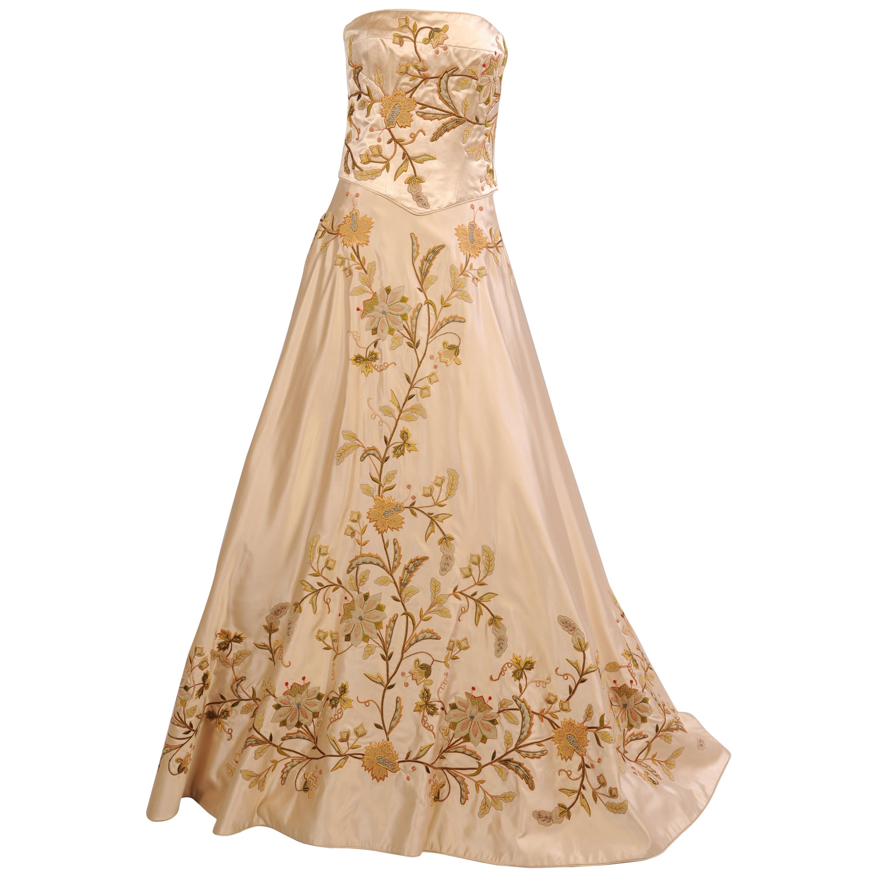 Eavis & Brown Beaded Embroidered and Appliqued Cream Silk Satin Two Piece Gown