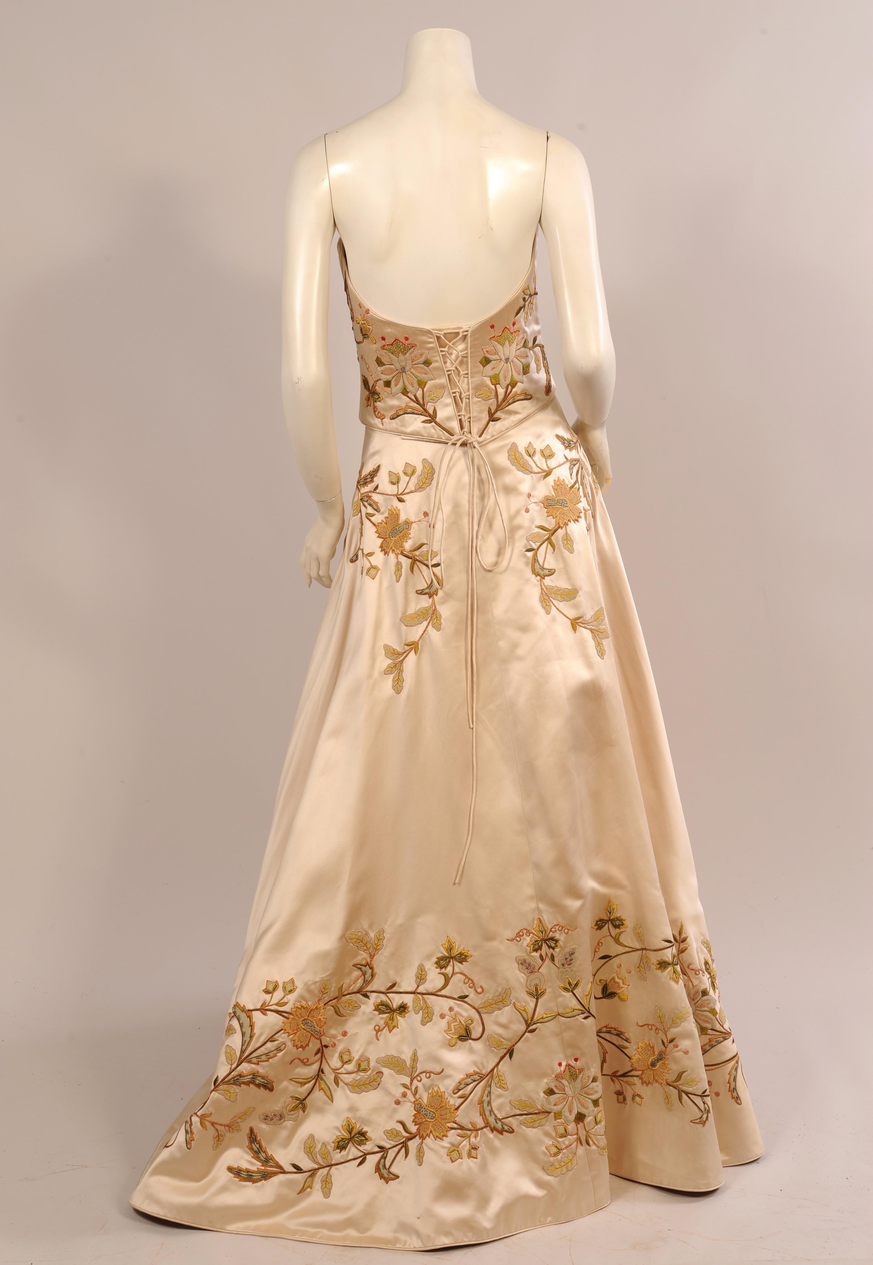 Women's Eavis & Brown Beaded Embroidered and Appliqued Cream Silk Satin Two Piece Gown