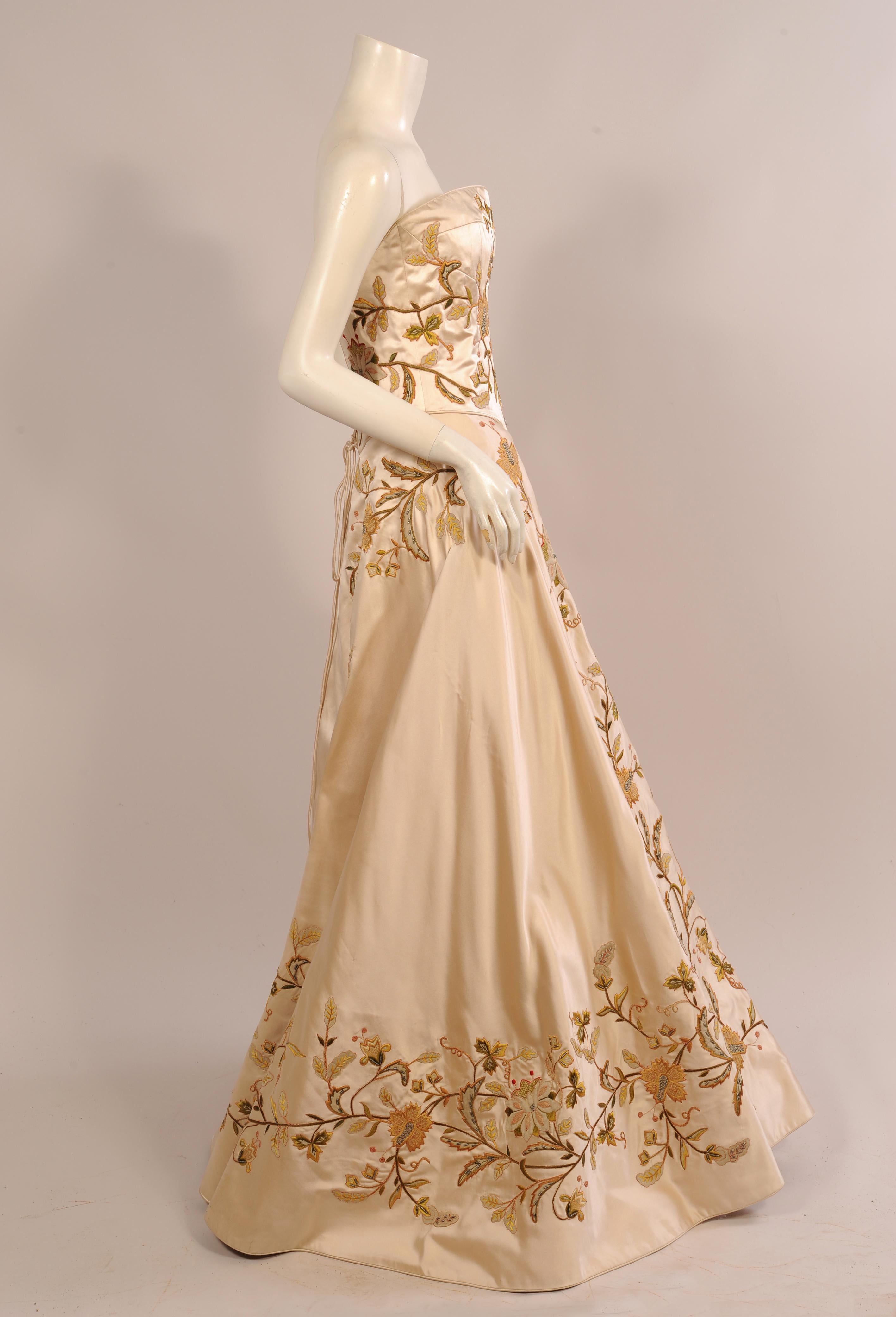 Eavis & Brown Beaded Embroidered and Appliqued Cream Silk Satin Two Piece Gown 2