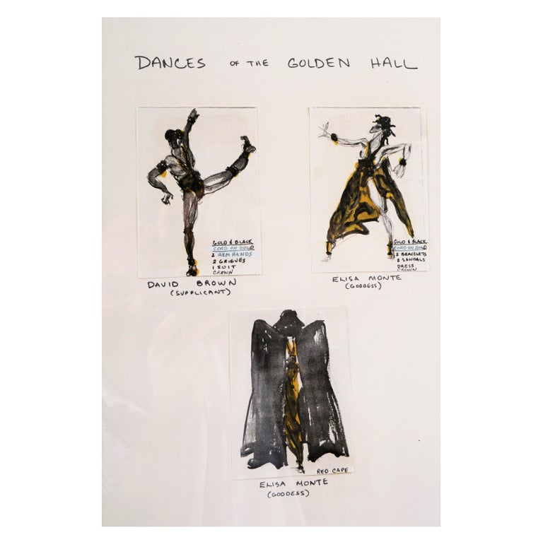 This piece is three Halston drawings of costumes for Dances of The Golden Hall by Martha Graham. They are illustrations for outfits worn by the principal dancers Elisa Monte and David Brown. This ballet debuted in 1982. The drawings are in excellent