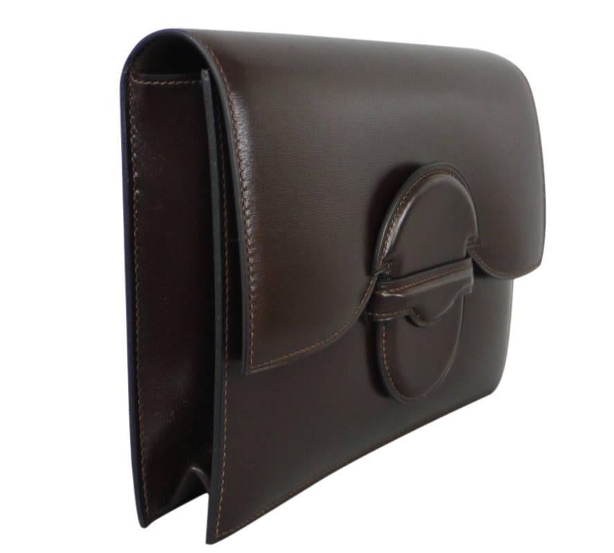 Black Vintage Hermes Brown Box Calf Clutch Bag 1980s