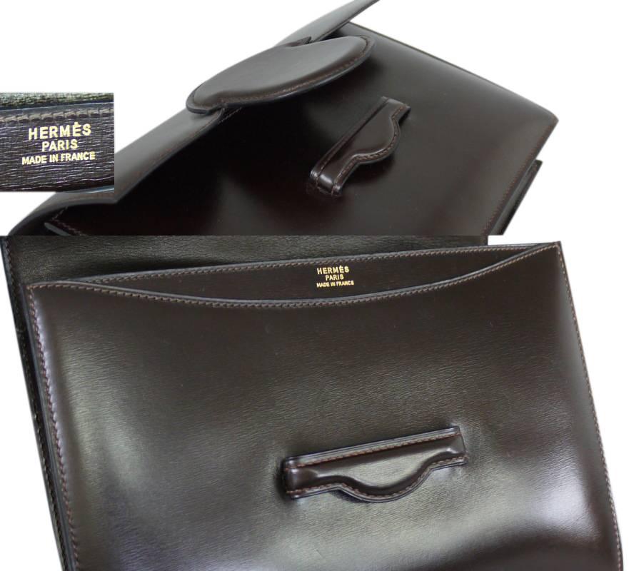 Vintage Hermes Brown Box Calf Clutch Bag 1980s 1