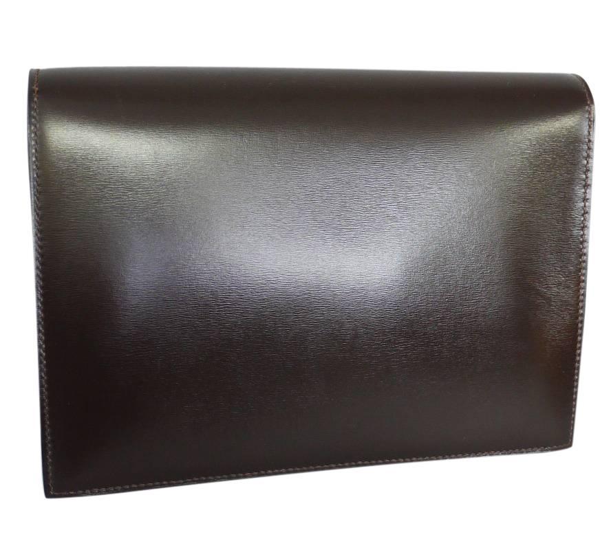 Vintage Hermes Brown Box Calf Clutch Bag 1980s In Excellent Condition In Hiroshima City, JP