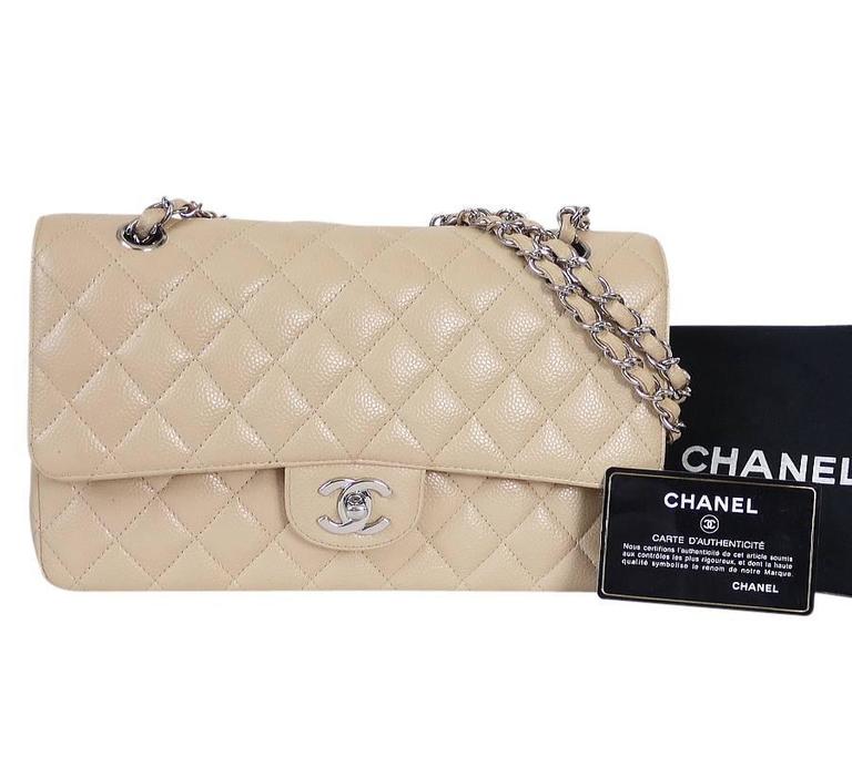 Chanel Beige Caviar 2.55 Double Flap Classic Silver Hardware