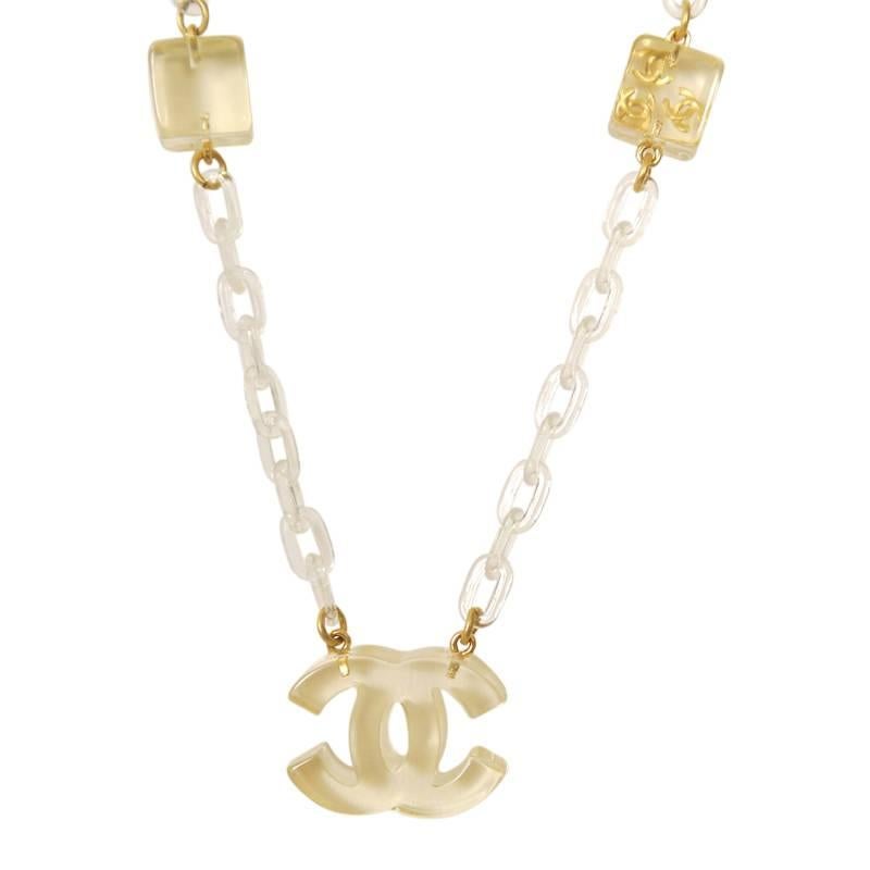 Rare Chanel ice cube necklace from 2001 collection. Truly beautiful necklace.

    Material : Clear plastic, gold tone metal
    Comes with : Chanel box

Condition : Excellent condition. No missing parts or broken parts. Overall excellent