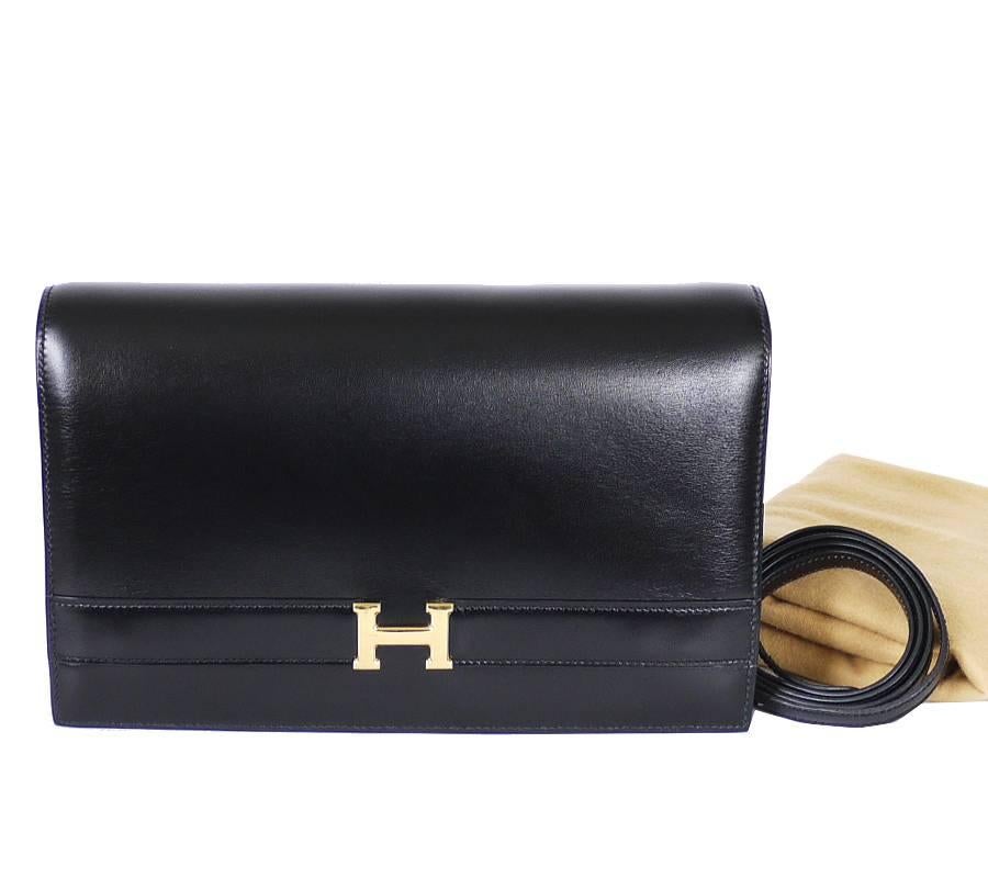 Vintage Hermes Black Box Calf Annie 2way Shoulder Clutch Bag 1980s 6