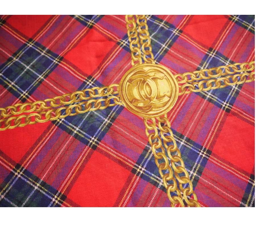 Chanel Silk Cashmere Tartan Shawl Stole Wrap XL In Excellent Condition In Hiroshima City, JP