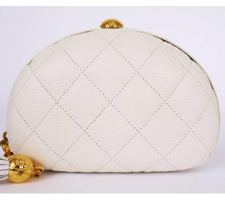 Women's 1980s Chanel White Lizard Skin Half Moon Long Tassel Clutch Bag Rare  For Sale
