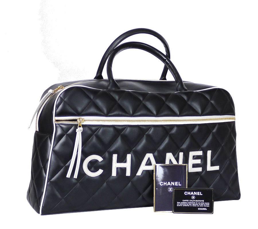 Vintage Chanel Black Leather Letter Logo Jumbo Bowling Bag 4