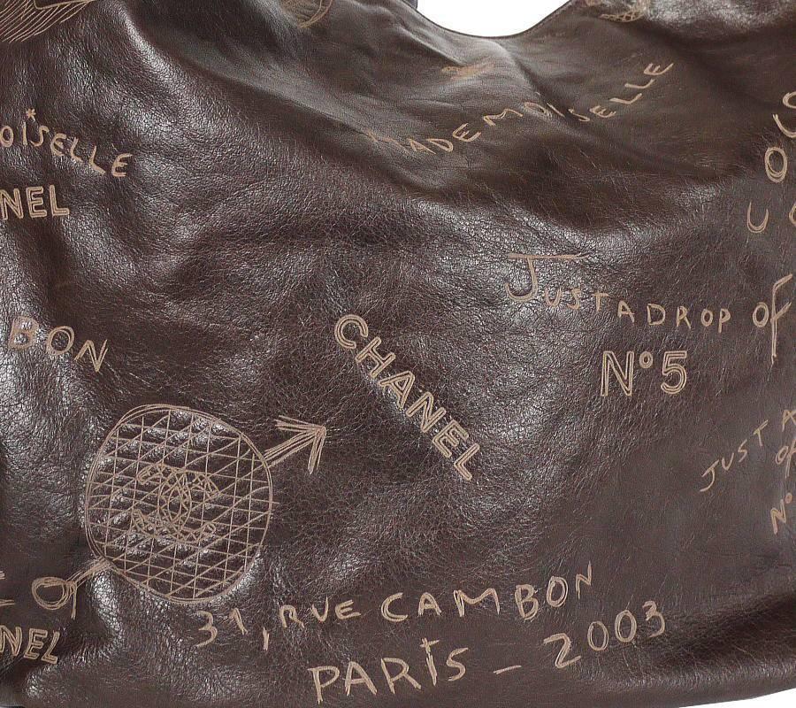 Black Rare Chanel Brown Leather Graffiti Hobo, Large Shoulder Bag