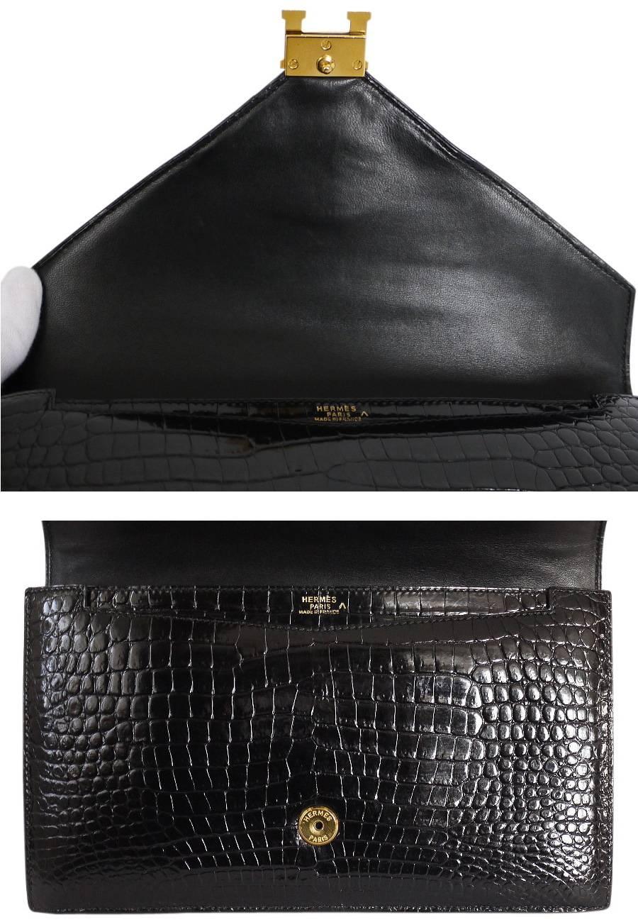 Women's Vintage Hermes Black Crocodile Porosus Lisse Lydie Clutch Bag