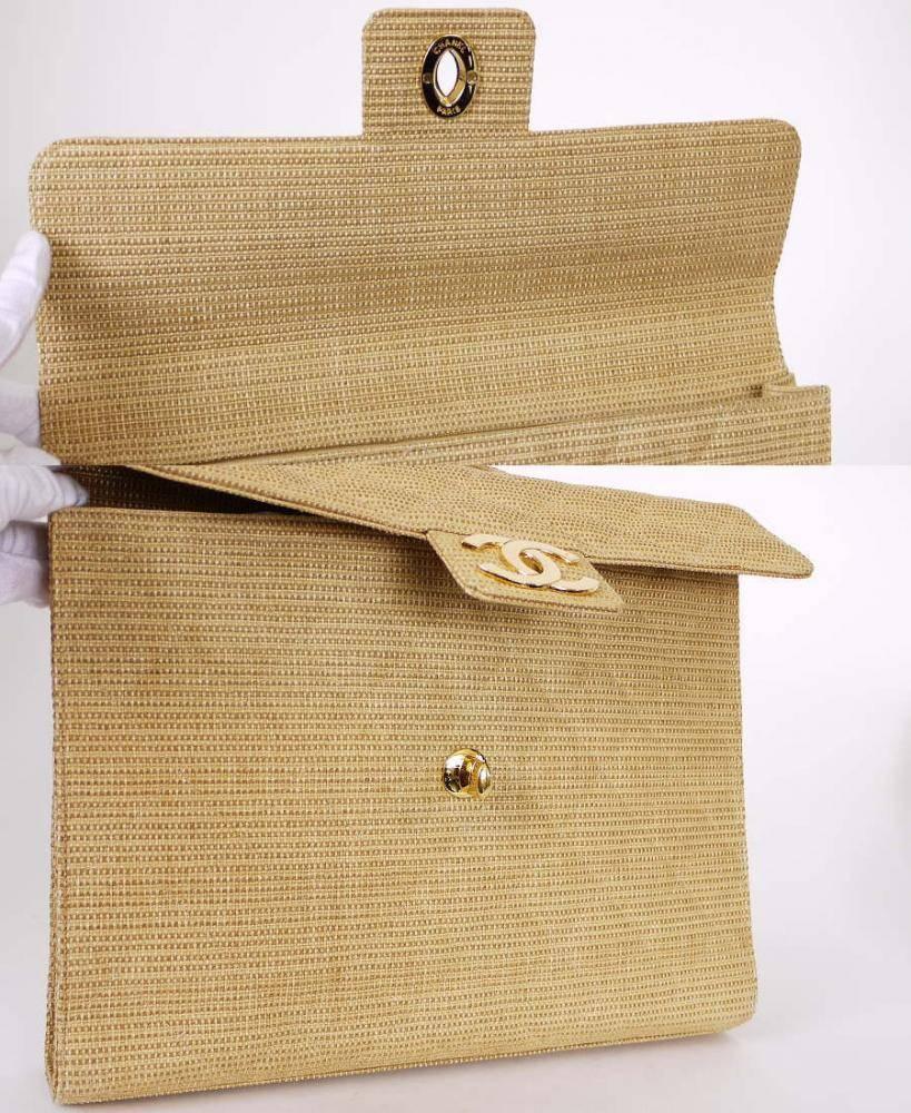 Beige Vintage Chanel Straw Canvas Business Bag Laptop Computer Case