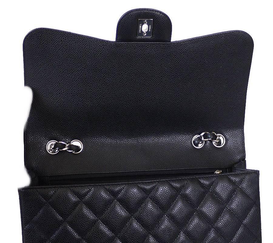 Women's Chanel Black Caviar Jumbo Maxi Classic Flap Bag Silver