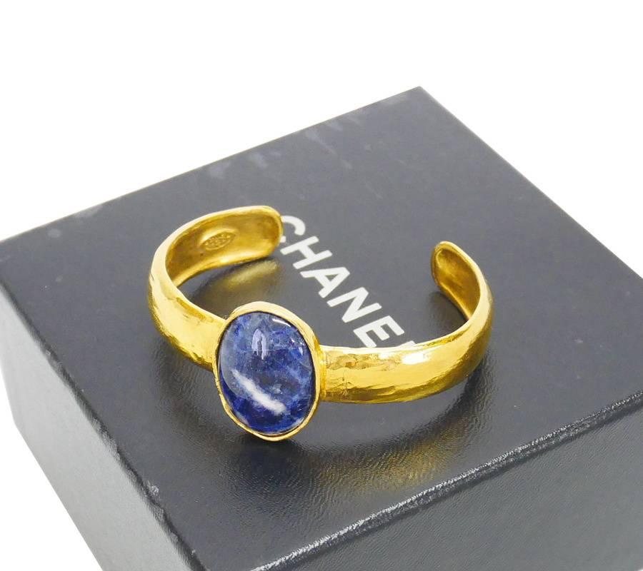 Chanel Vintage Blue Marble Stone Open Cuff Bangle Bracelet   For Sale 5
