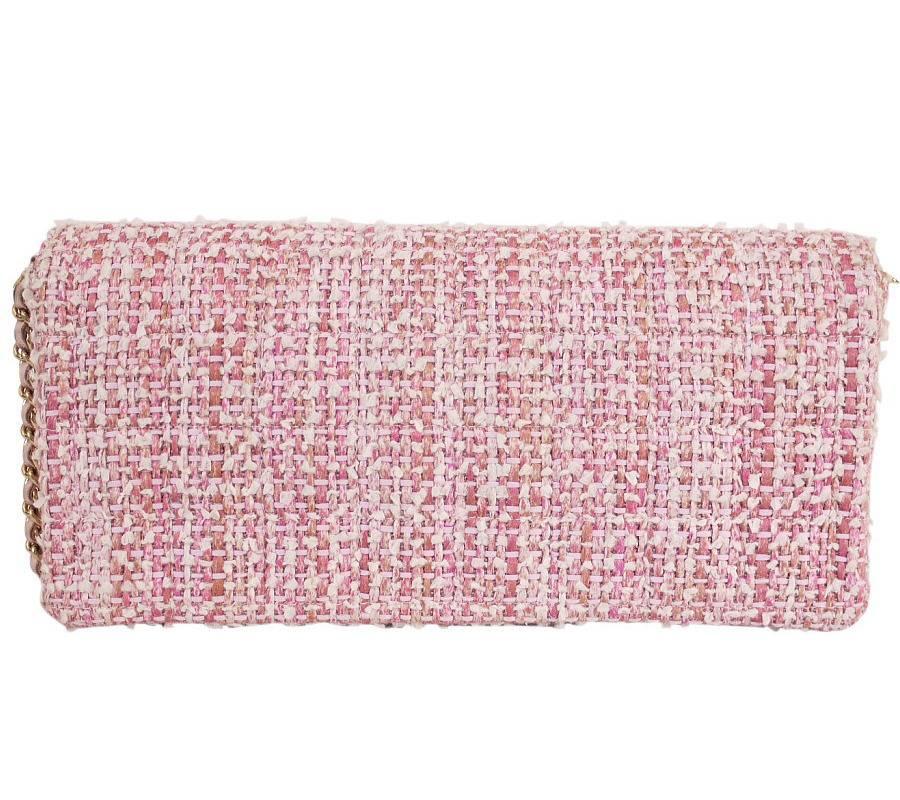 Beige Chanel Pink Tweed 2way Wristlet Clutch Shoulder Bag